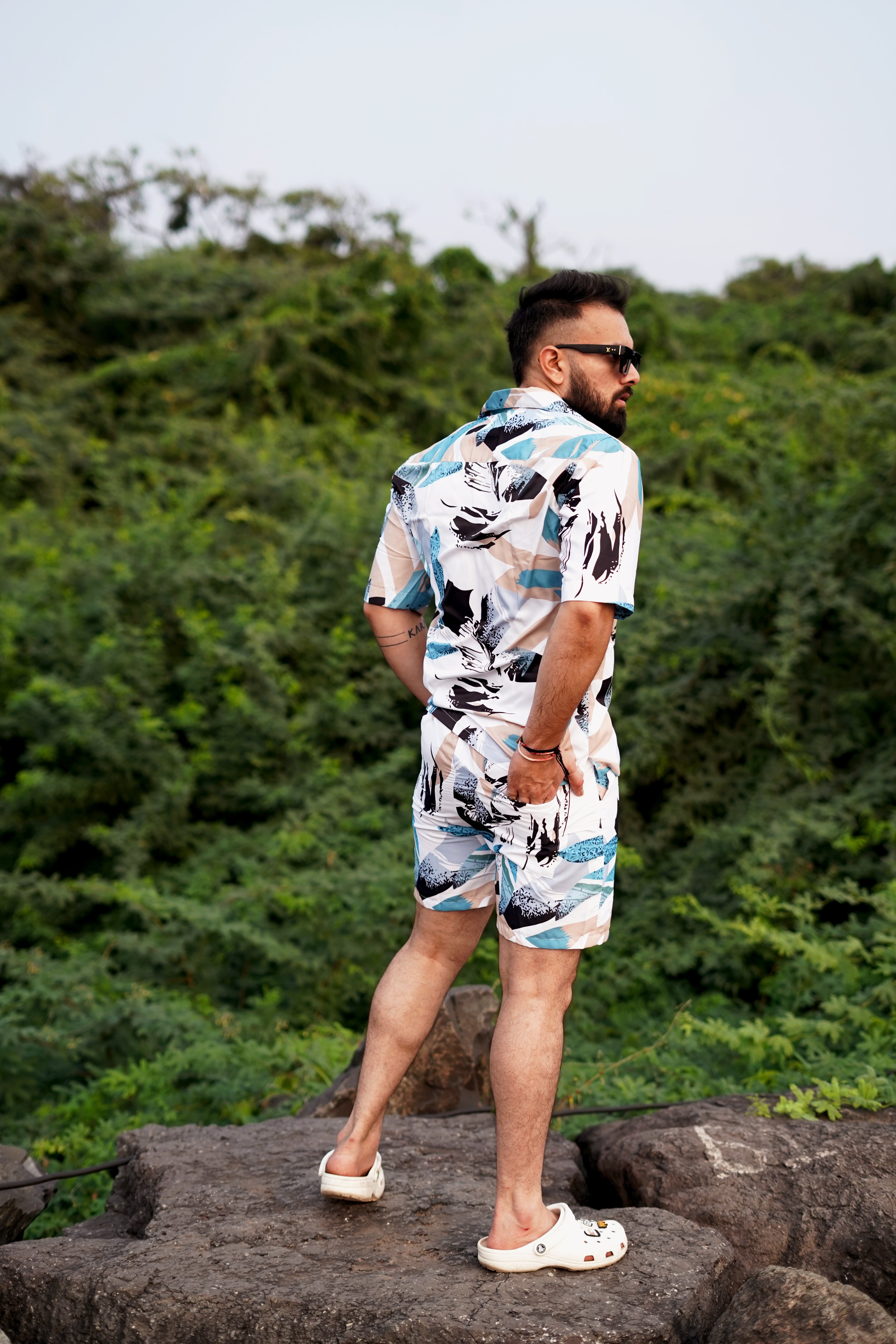 BUY RYON MULTI COLOUR UNIQUE PATTERN PRINT CAMP COLLAR RELAXED-FIT RESORT SHIRT CO ORD SET | RYON 