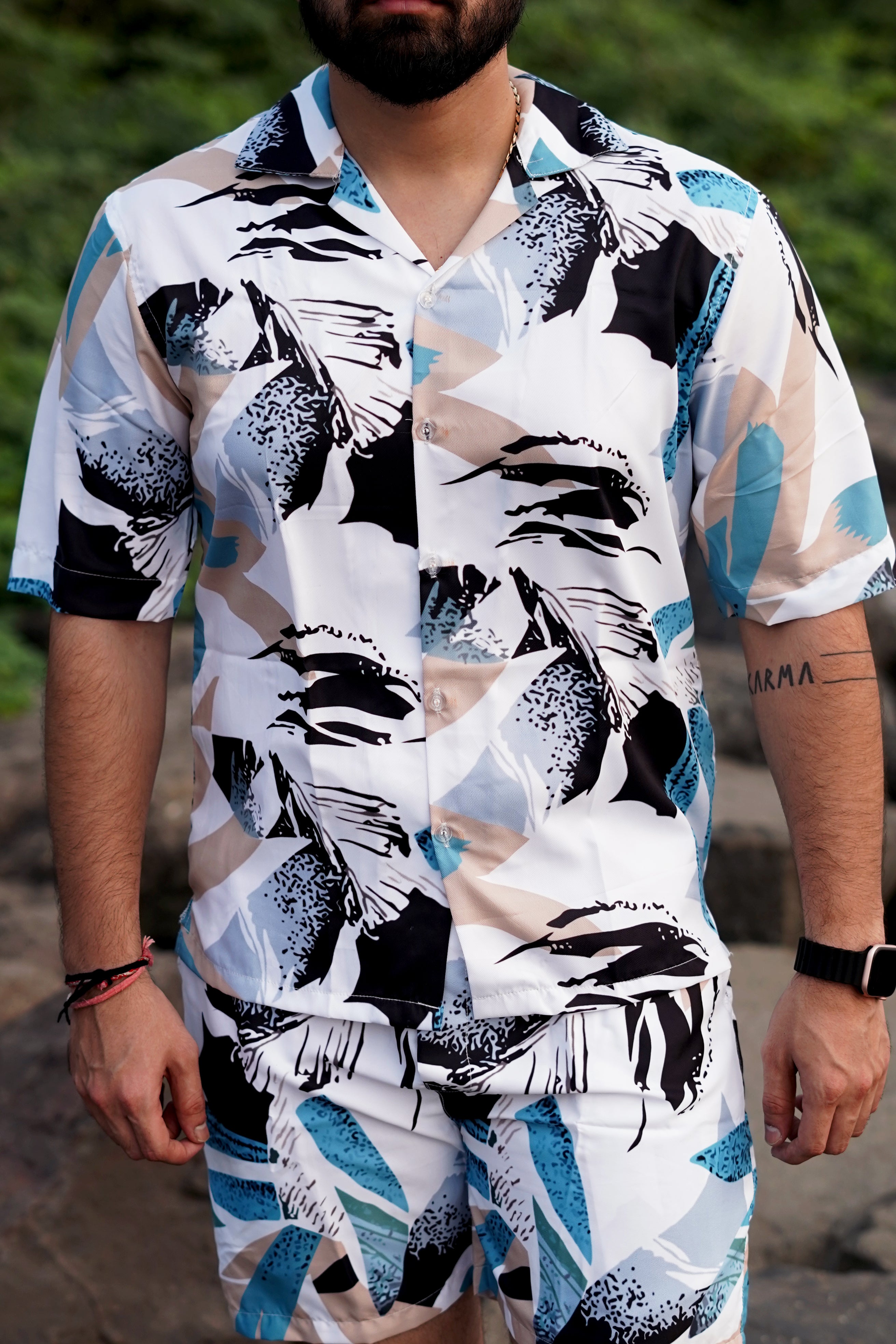 BUY RYON MULTI COLOUR UNIQUE PATTERN PRINT CAMP COLLAR RELAXED-FIT RESORT SHIRT CO ORD SET | RYON 