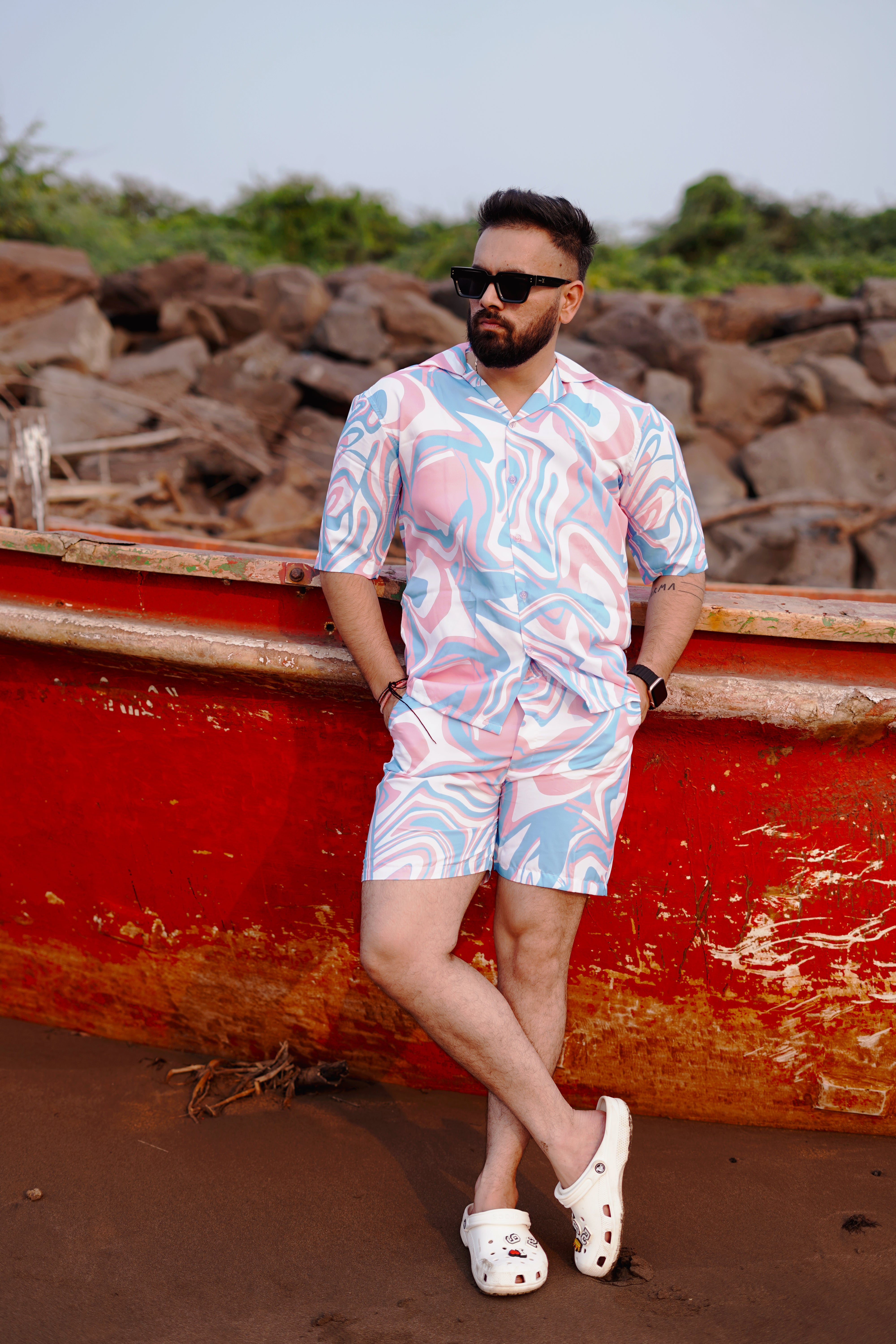 BUY RYON BLUE AND PINK MARBLE PATTERN PRINT CAMP COLLAR RELAXED-FIT RESORT SHIRT | RYON