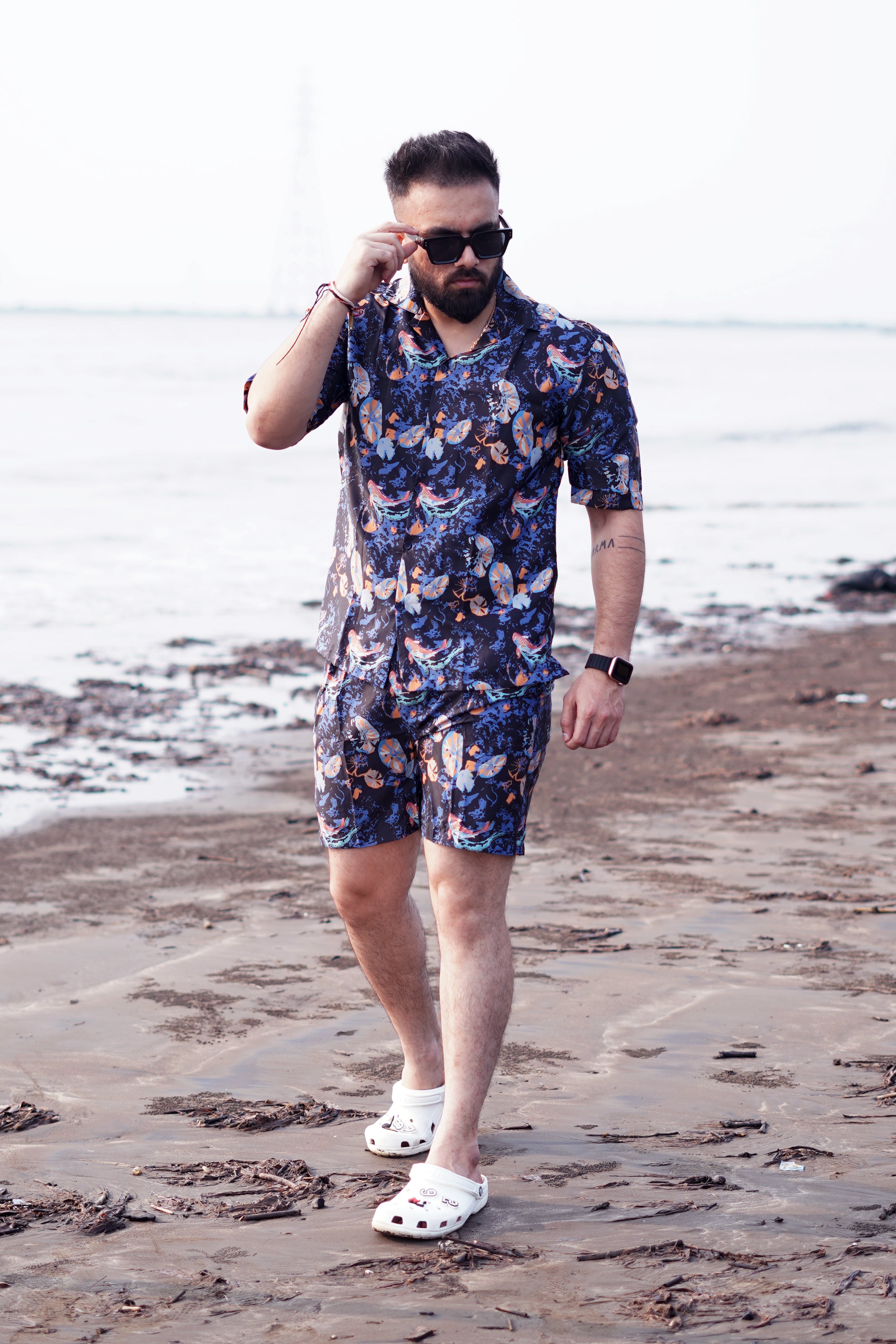 BUY RYON AUQA PATTERN DARK BLUE CAMP COLLAR RESORT SHIRT WITH DROP SHOULDER CO ORD SET | RYON 