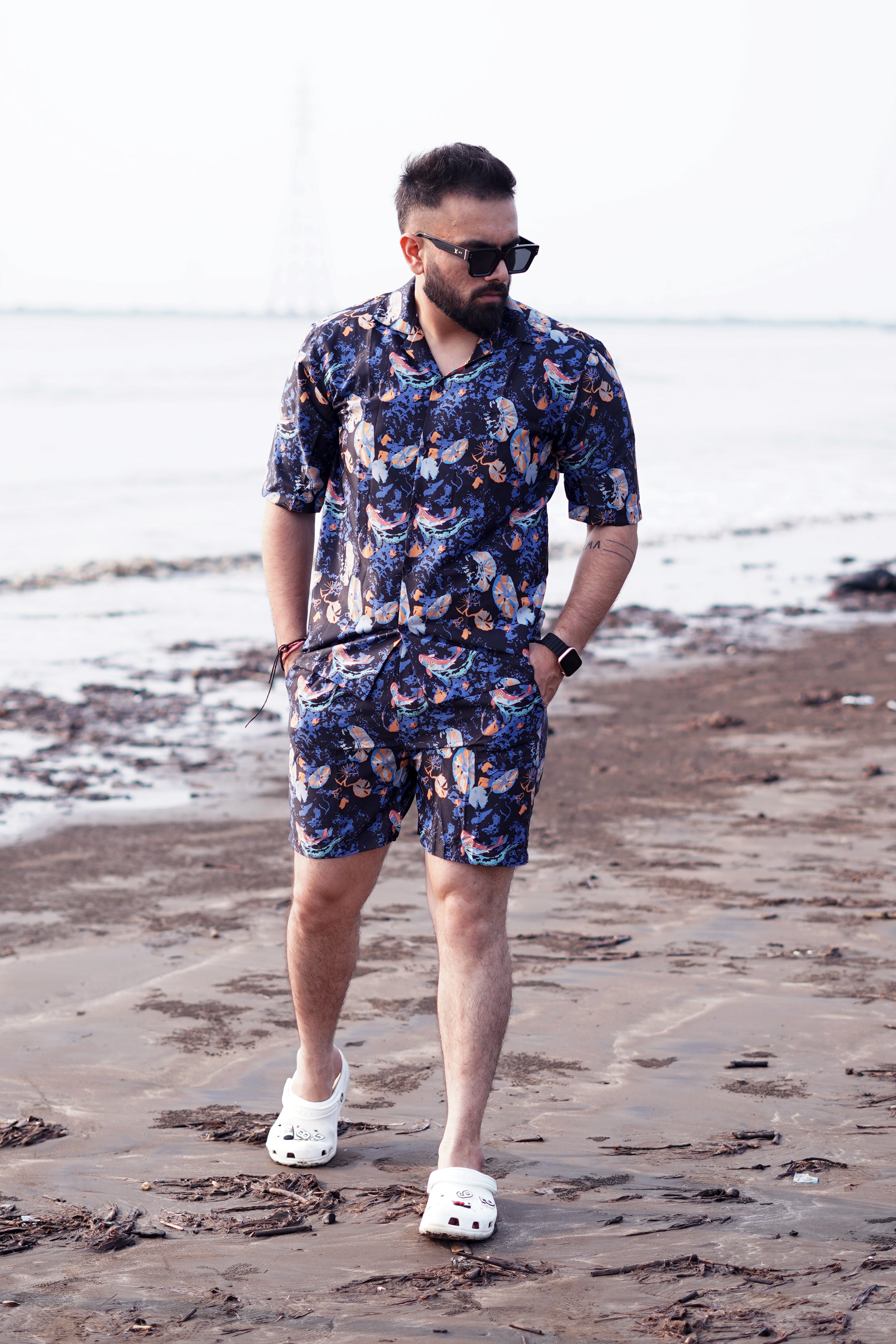 BUY RYON AUQA PATTERN DARK BLUE CAMP COLLAR RESORT SHIRT WITH DROP SHOULDER CO ORD SET | RYON 