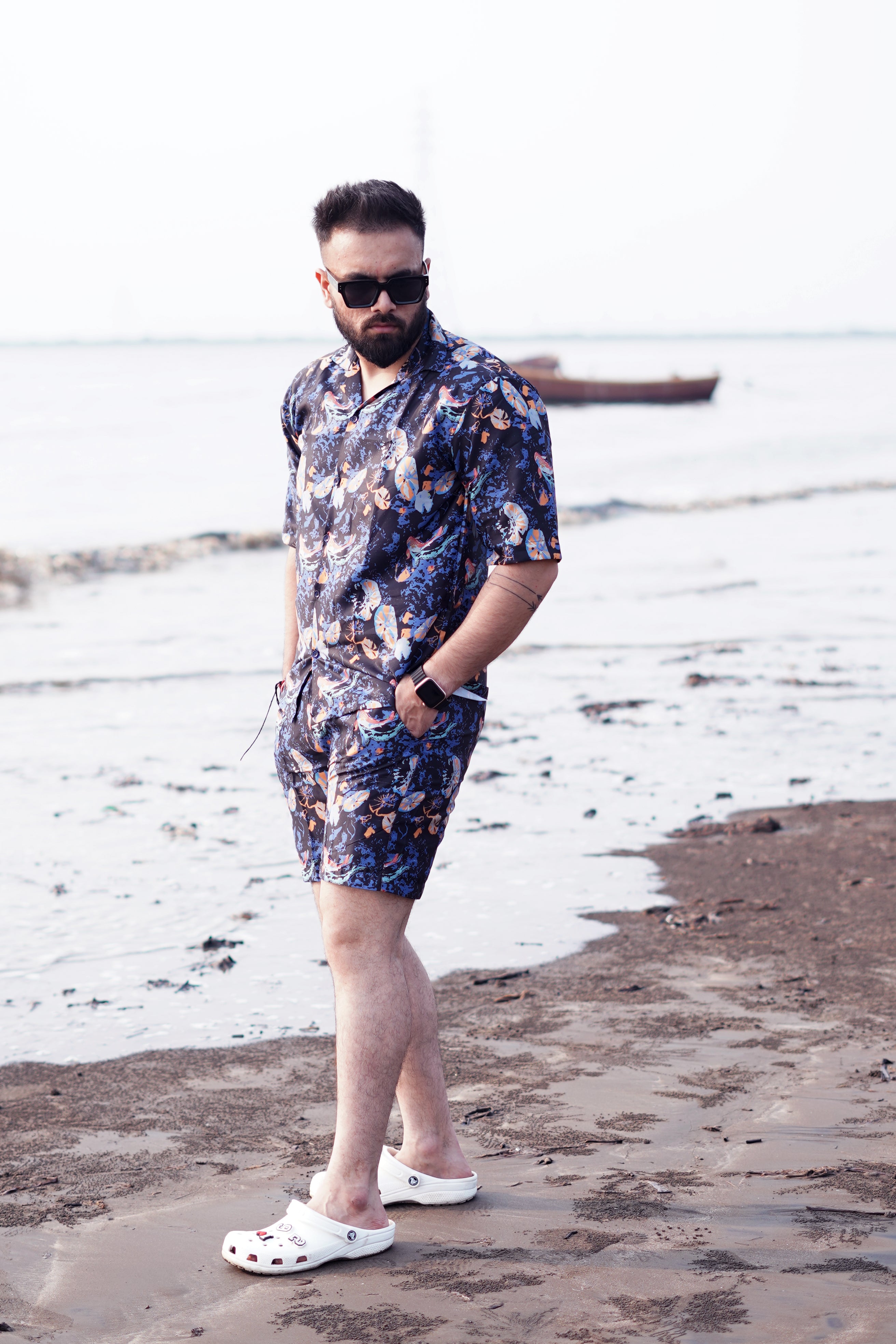 BUY RYON AUQA PATTERN DARK BLUE CAMP COLLAR RESORT SHIRT WITH DROP SHOULDER CO ORD SET | RYON 
