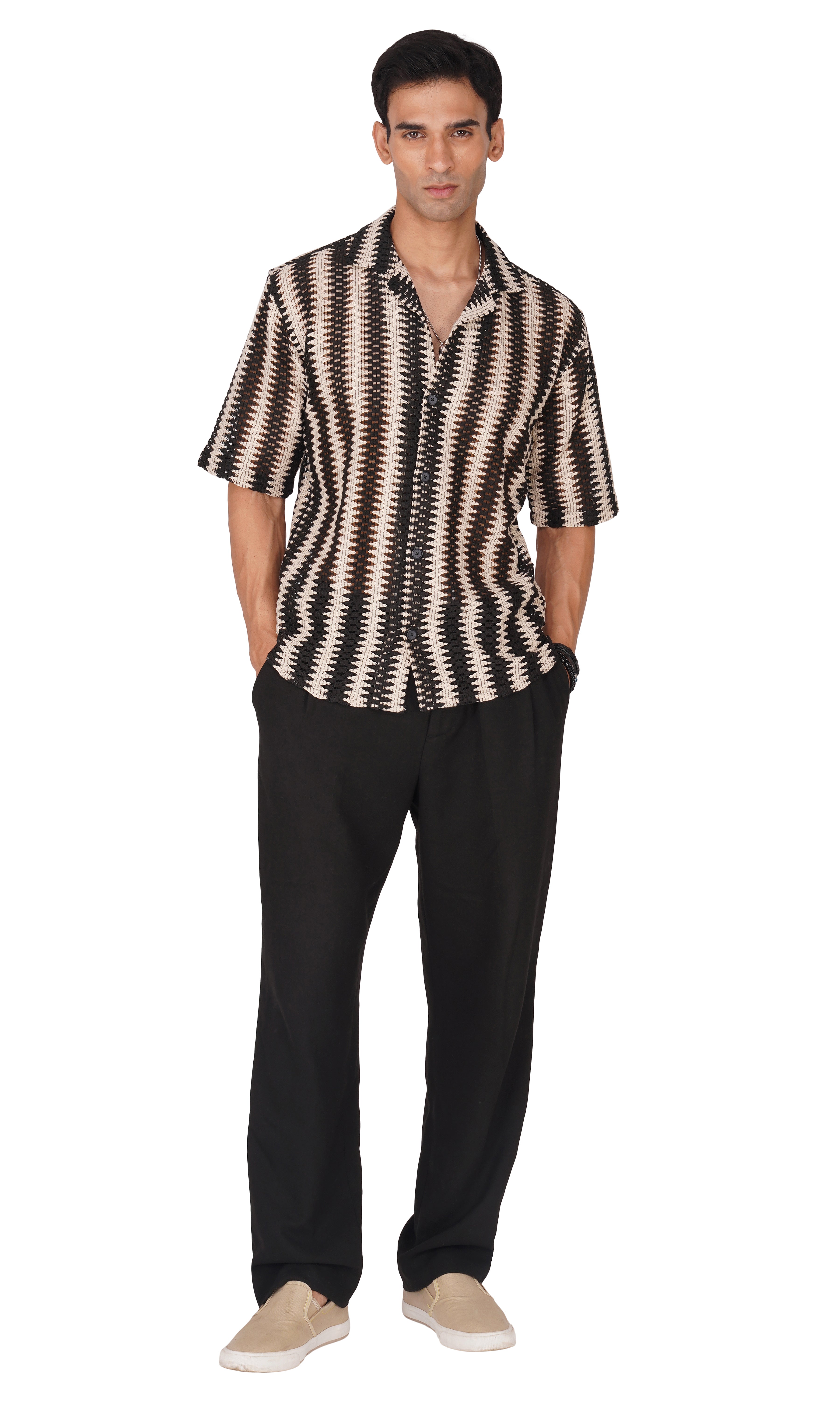 RYON BLACK AND WHITE HALF SLEEVE CAMP COLLAR CROCHET SHIRT