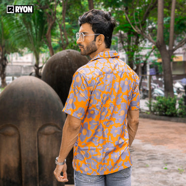 BUY RYON GREY/ORANGE FLORAL BEACH SHIRT WITH CAMP COLLAR AND DROP SHOULDERS | RYON