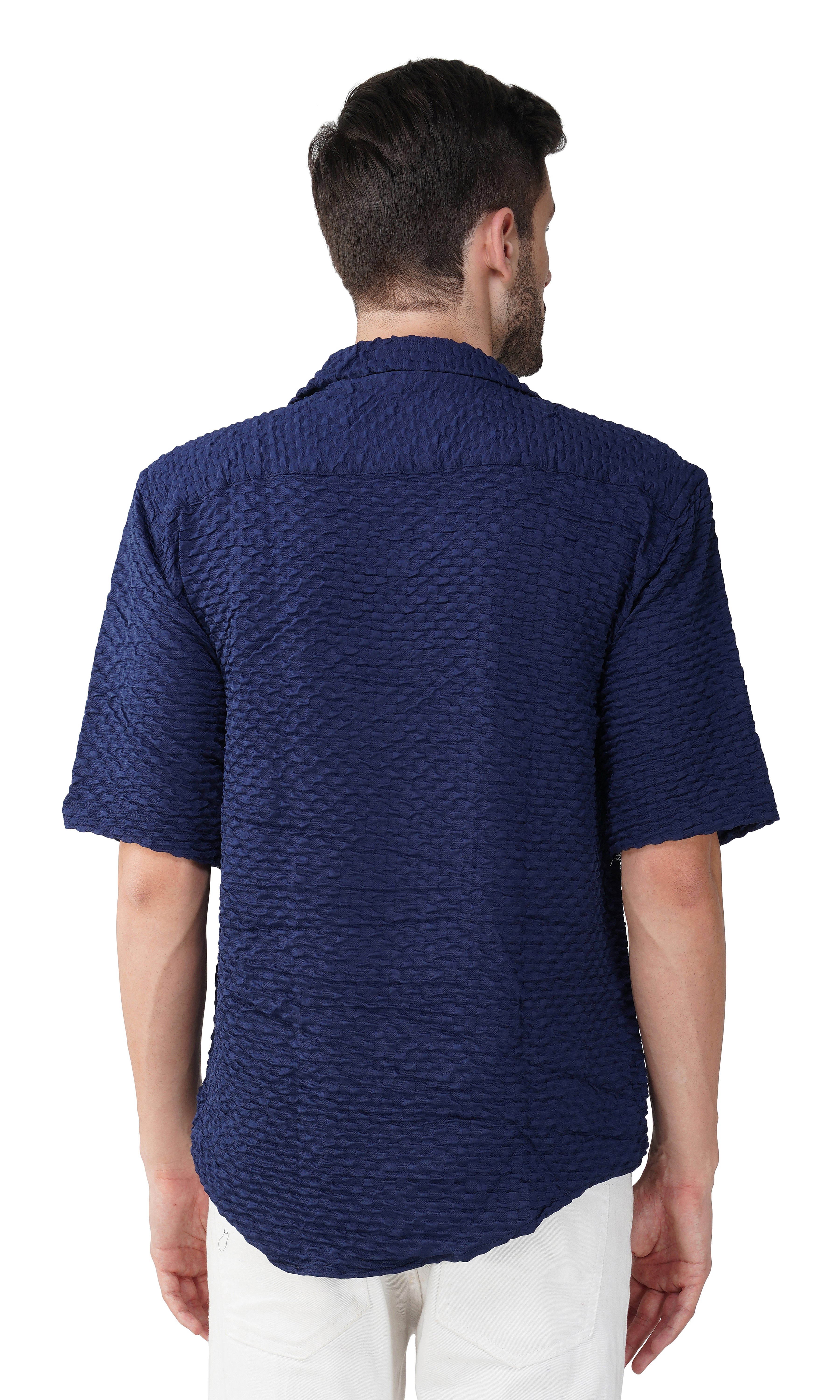 RYON POPCORN MID BLUE HALF SLEEVE CAMP COLLAR SHIRT