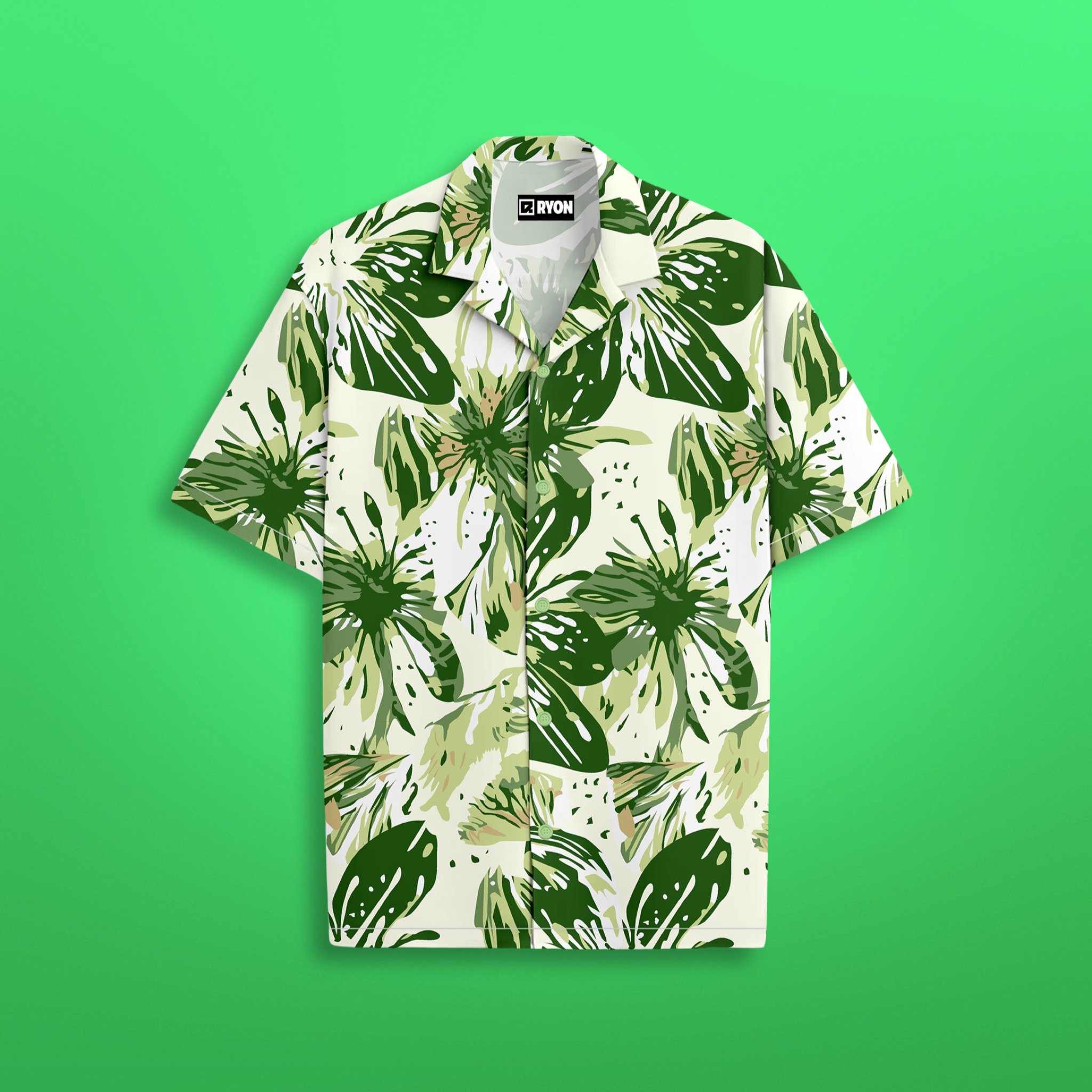 RYON GREEN FLORAL PATTERN PRINT CAMP COLLAR RELAXED-FIT RESORT SHIRT
