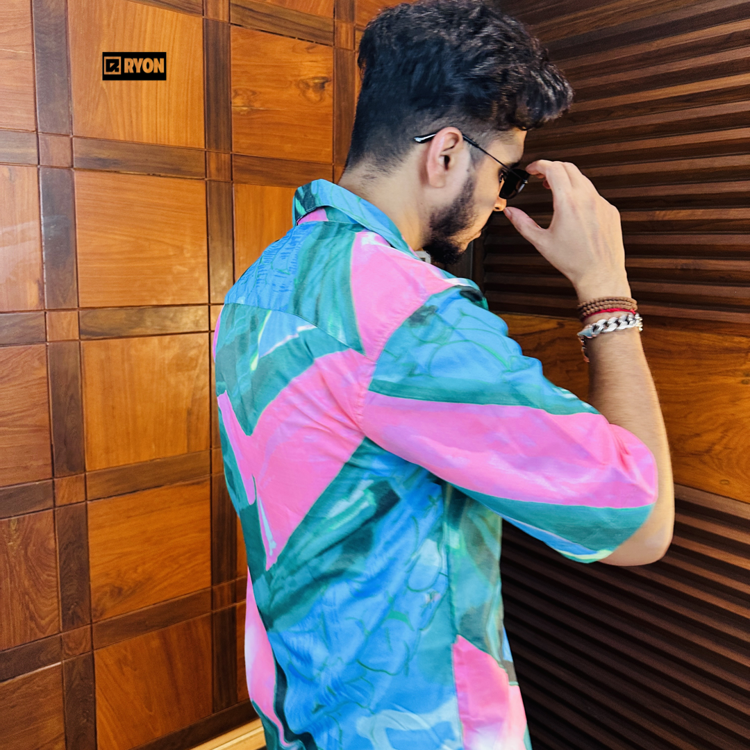 BUY RYON PREMIUM GREEN AND PINK ABSTRACT PRINTED CAMP COLLAR RESORT SHIRT WITH DROP SHOULDER SLEEVS | RYON
