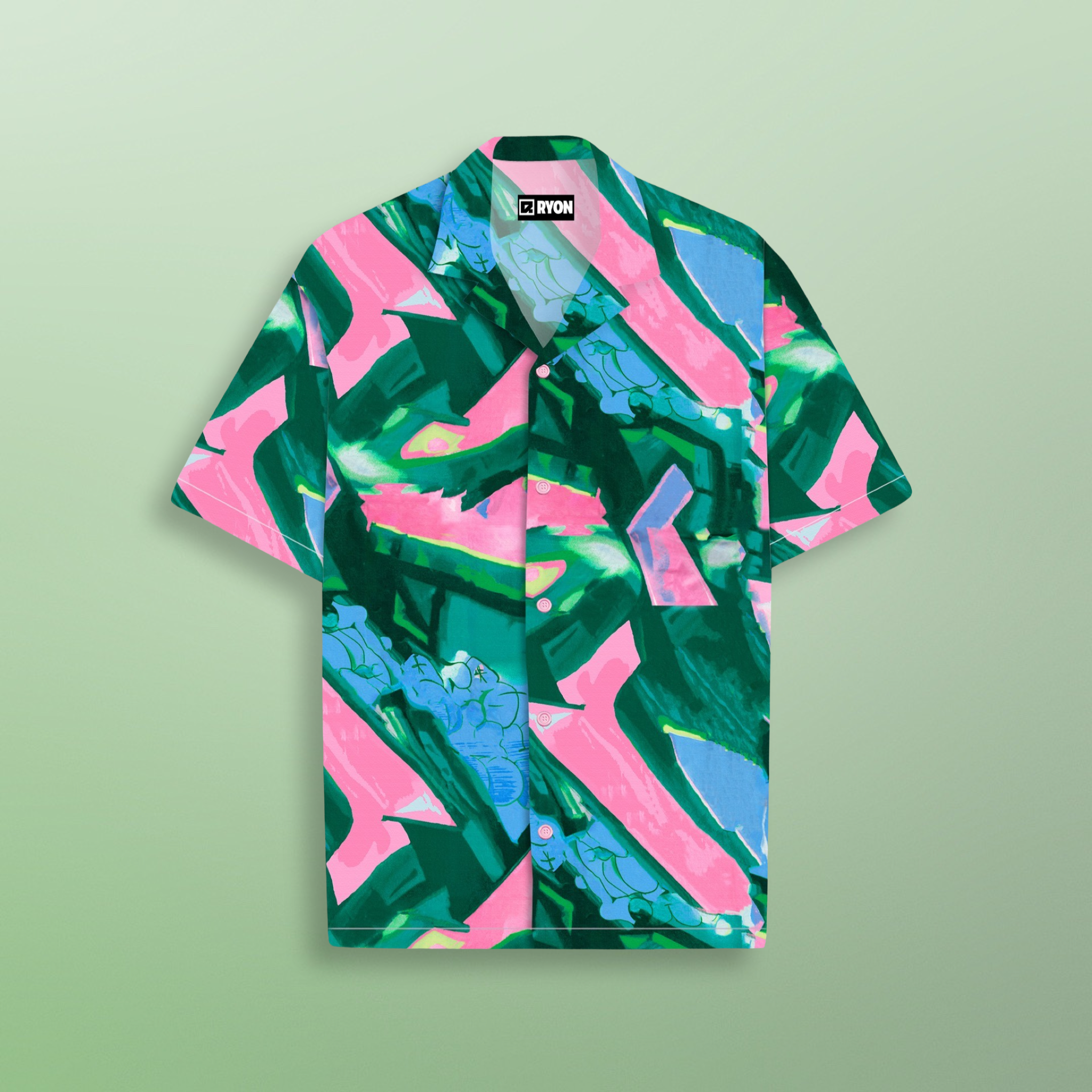 RYON PREMIUM GREEN AND PINK ABSTRACT PRINTED CAMP COLLAR RESORT SHIRT WITH DROP SHOULDER SLEEVS