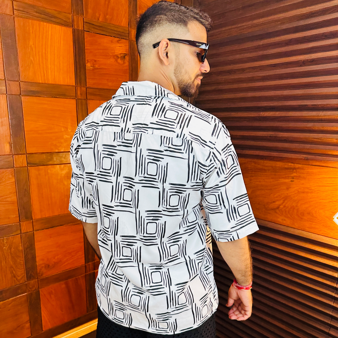 BUY RYON SQUARE PATTERN DESING CAMP COLLAR RELAXED-FIT RESORT SHIRT WITH DROP SHOLDER SLEEVES | RYON