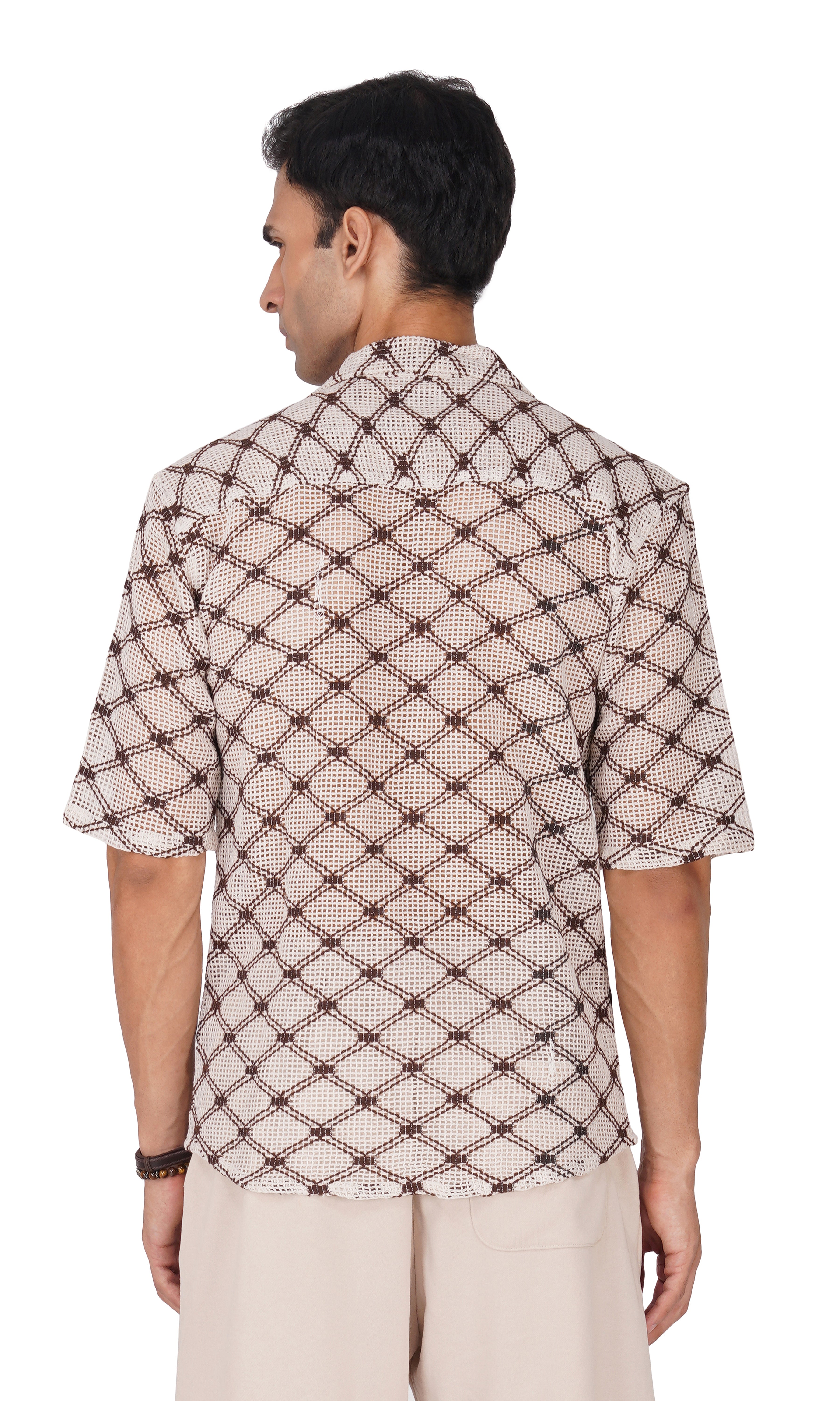 RYON OFF WHITE AND BROWN CHECK HALF SLEEVE CAMP COLLAR CROCHET SHIRT