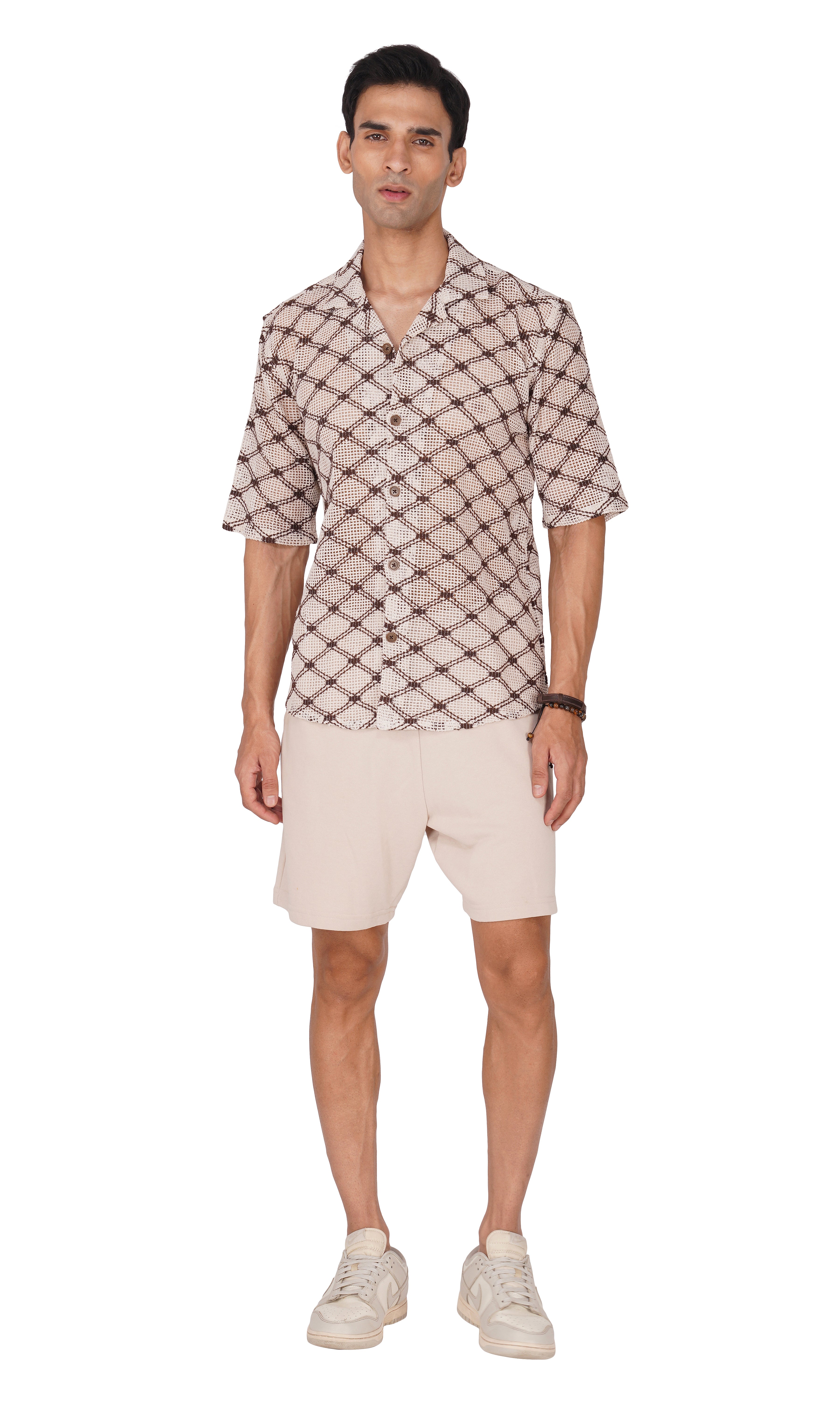 RYON OFF WHITE AND BROWN CHECK HALF SLEEVE CAMP COLLAR CROCHET SHIRT
