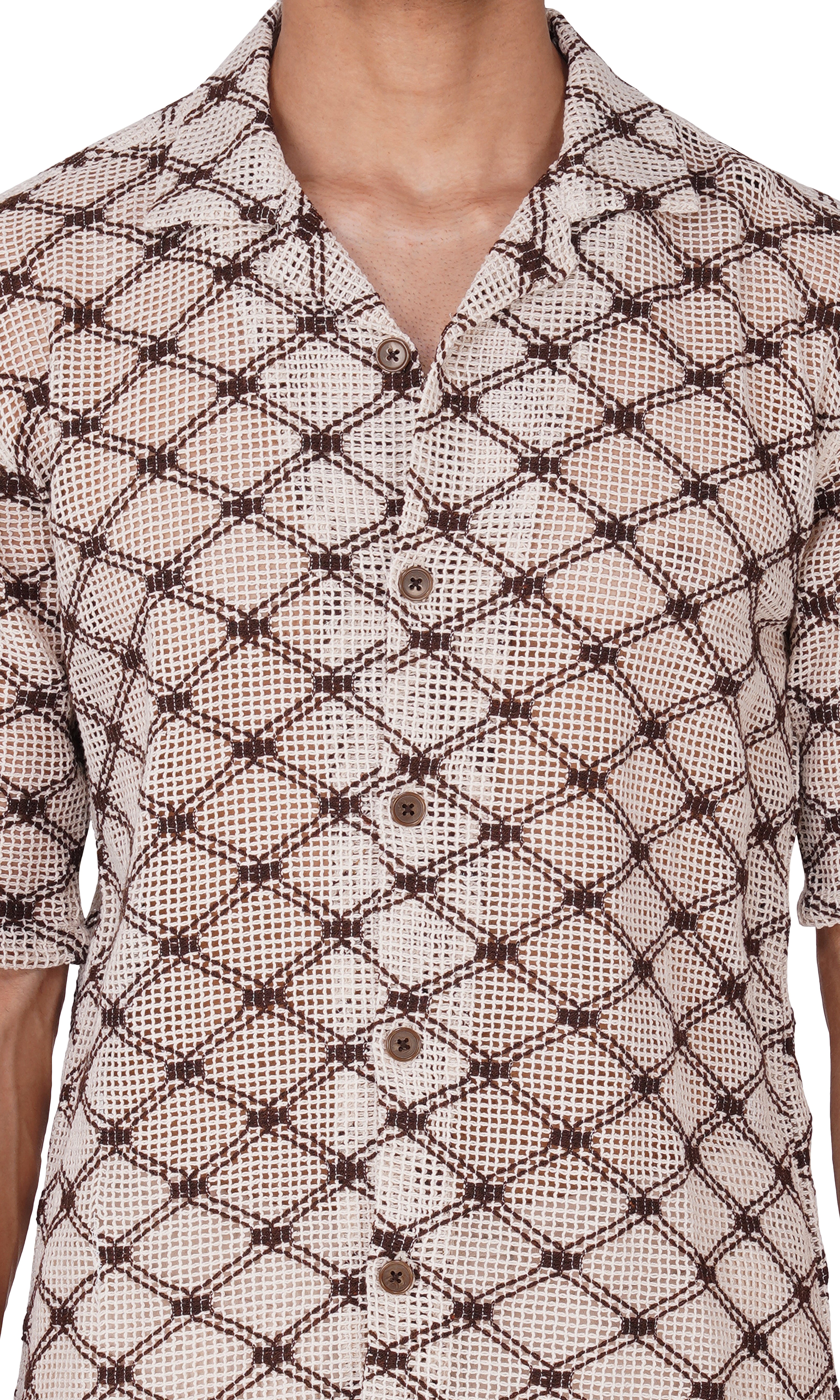 RYON OFF WHITE AND BROWN CHECK HALF SLEEVE CAMP COLLAR CROCHET SHIRT