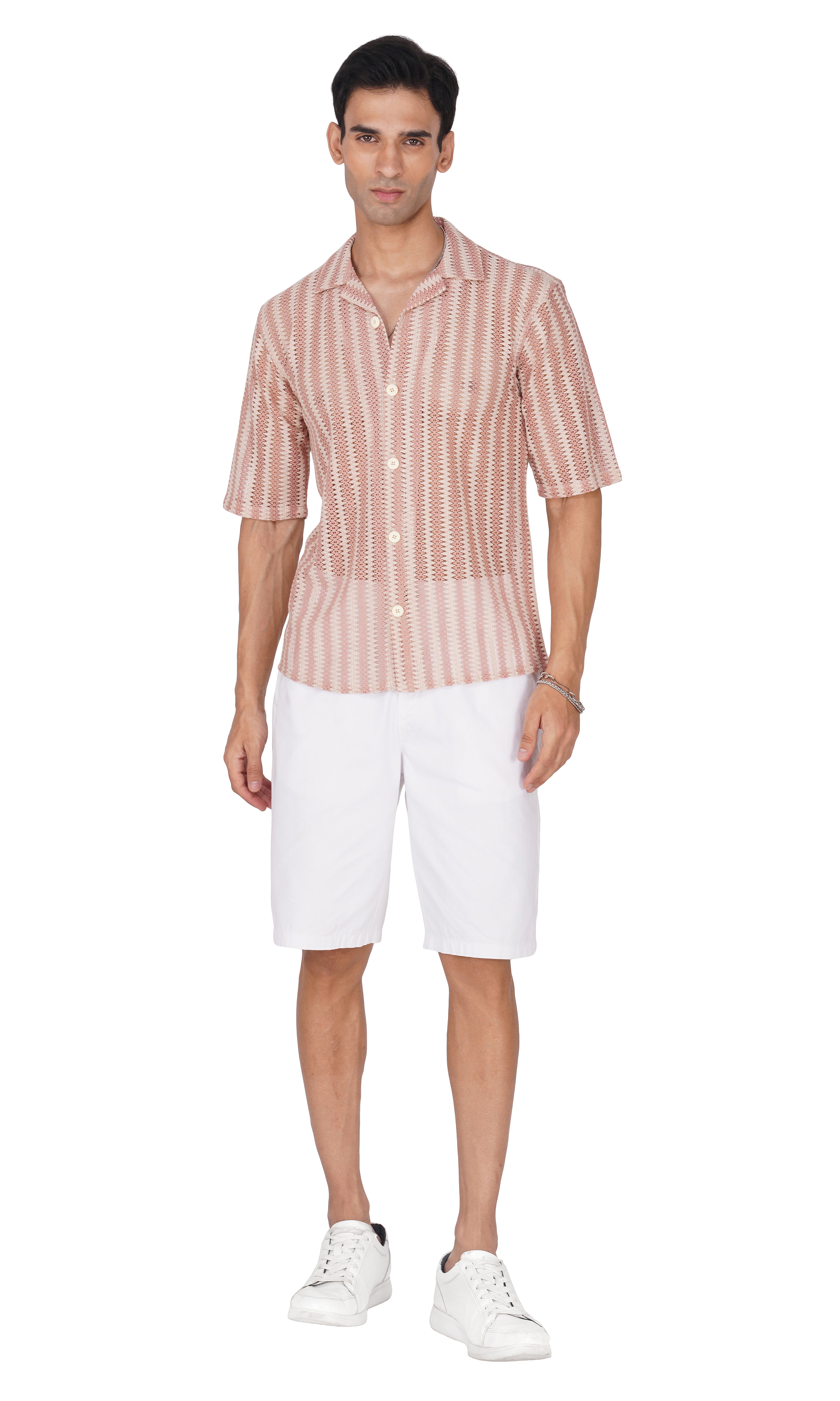 RYON OFF WHITE AND FLAMINGO PINK HALF SLEEVE CAMP COLLAR CROCHET SHIRT
