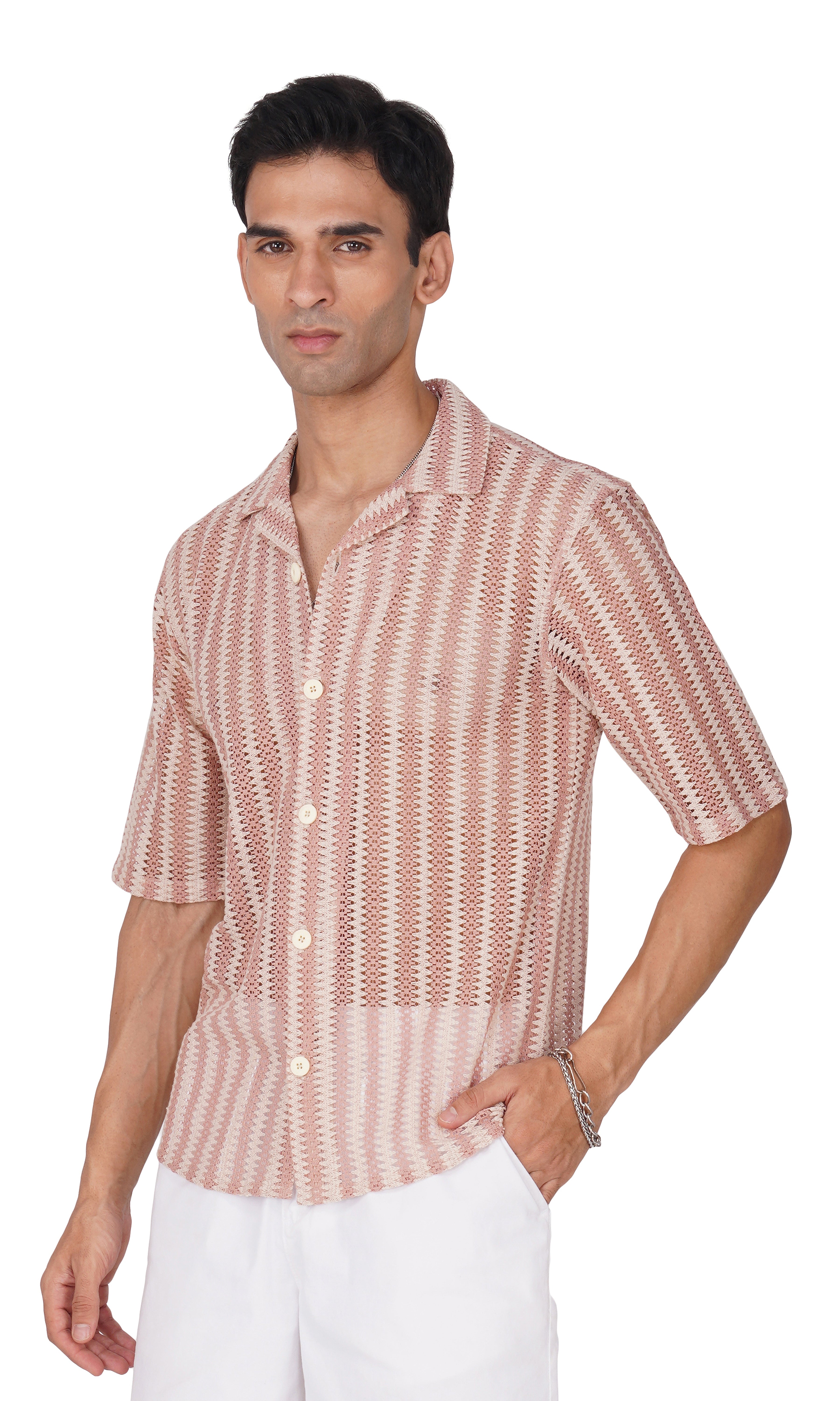 RYON OFF WHITE AND FLAMINGO PINK HALF SLEEVE CAMP COLLAR CROCHET SHIRT
