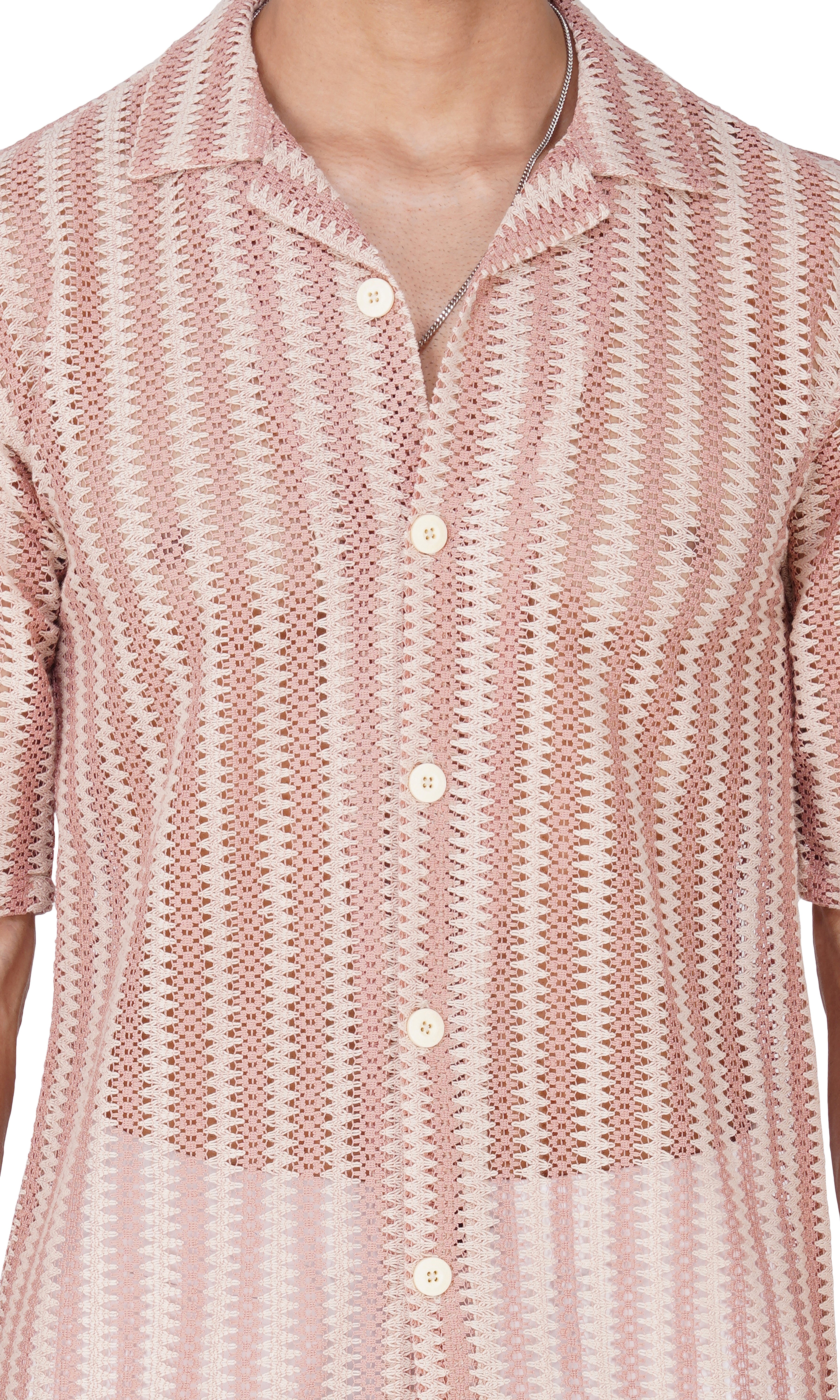 RYON OFF WHITE AND FLAMINGO PINK HALF SLEEVE CAMP COLLAR CROCHET SHIRT
