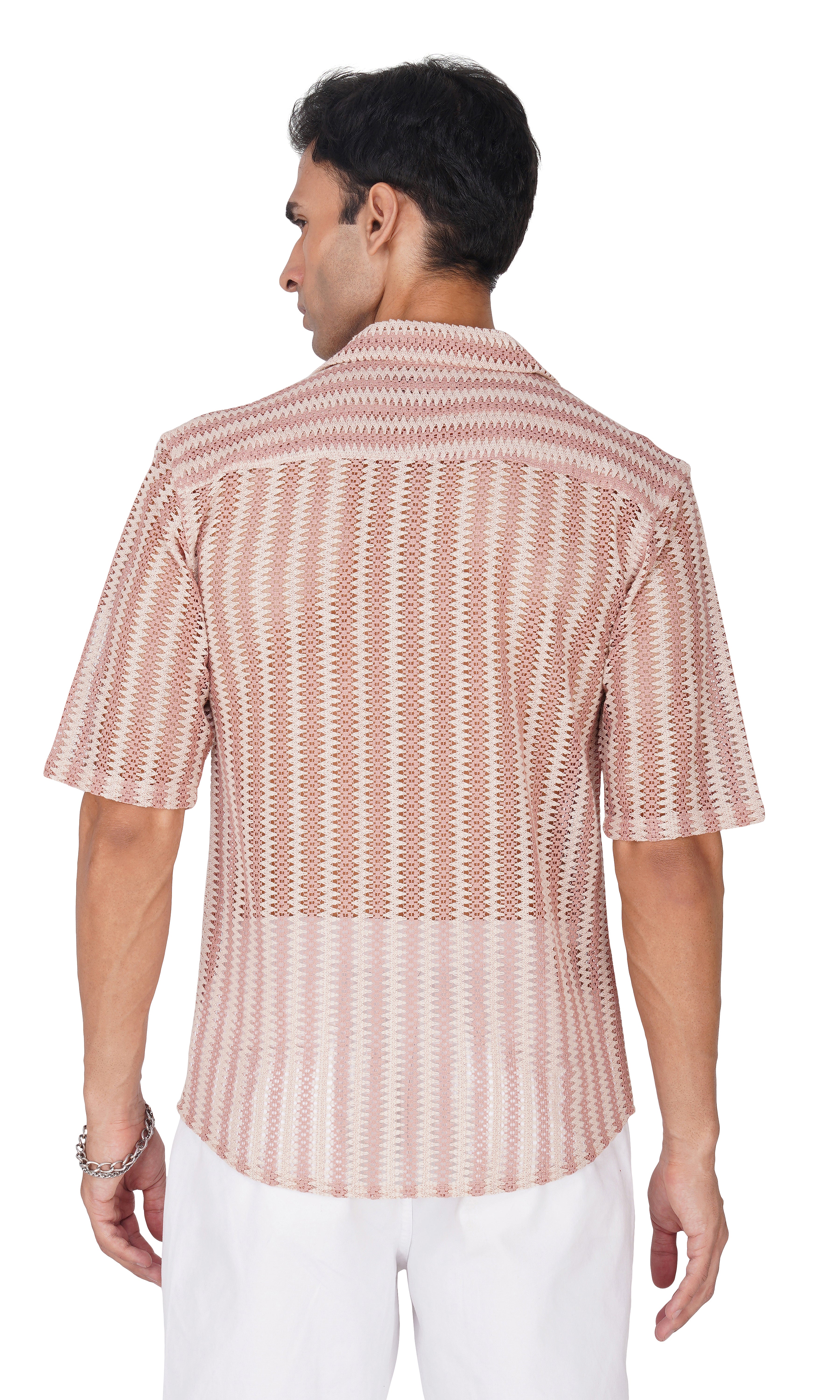 RYON OFF WHITE AND FLAMINGO PINK HALF SLEEVE CAMP COLLAR CROCHET SHIRT