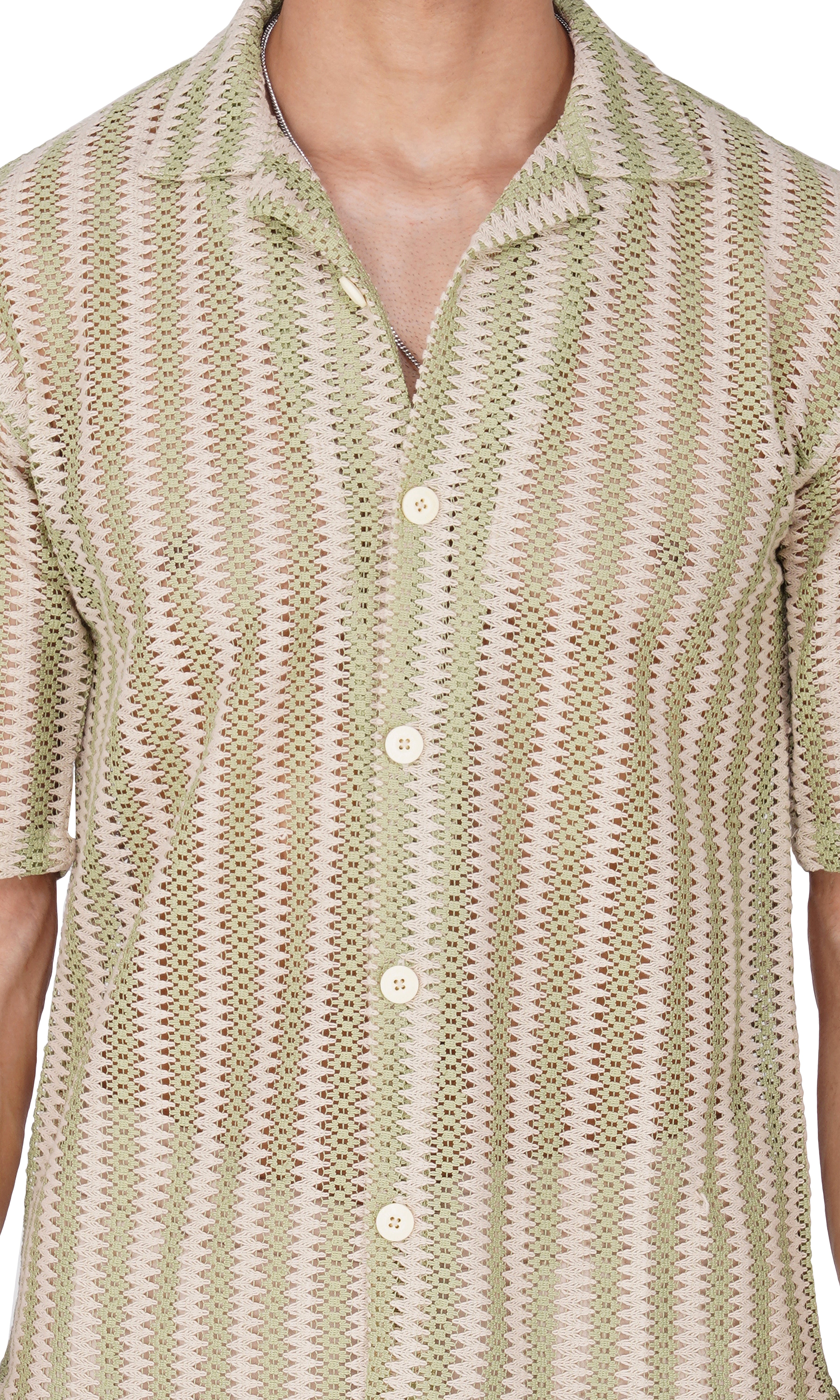 RYON OFF WHITE AND GREEN HALF SLEEVE CAMP COLLAR CROCHET SHIRT