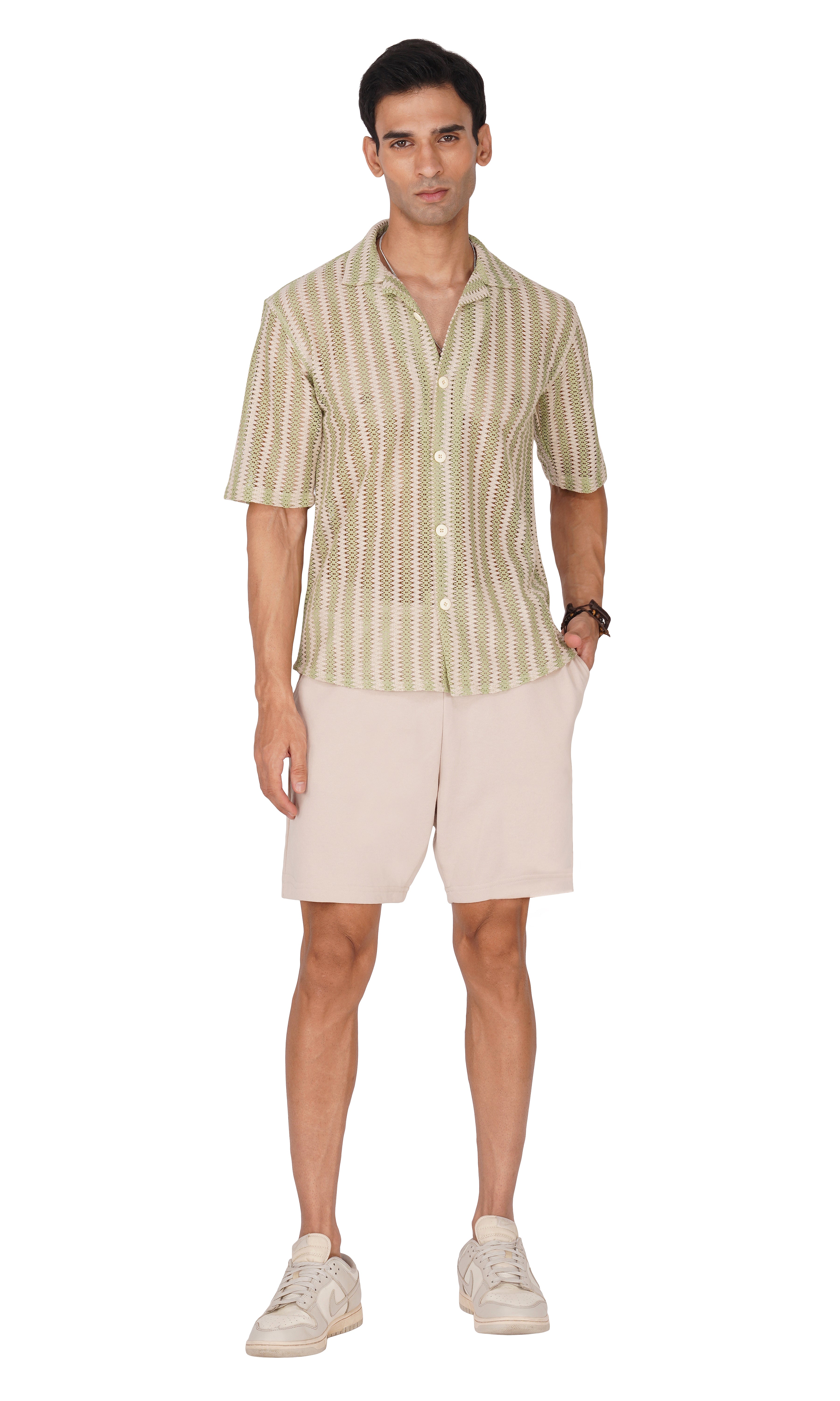 RYON OFF WHITE AND GREEN HALF SLEEVE CAMP COLLAR CROCHET SHIRT