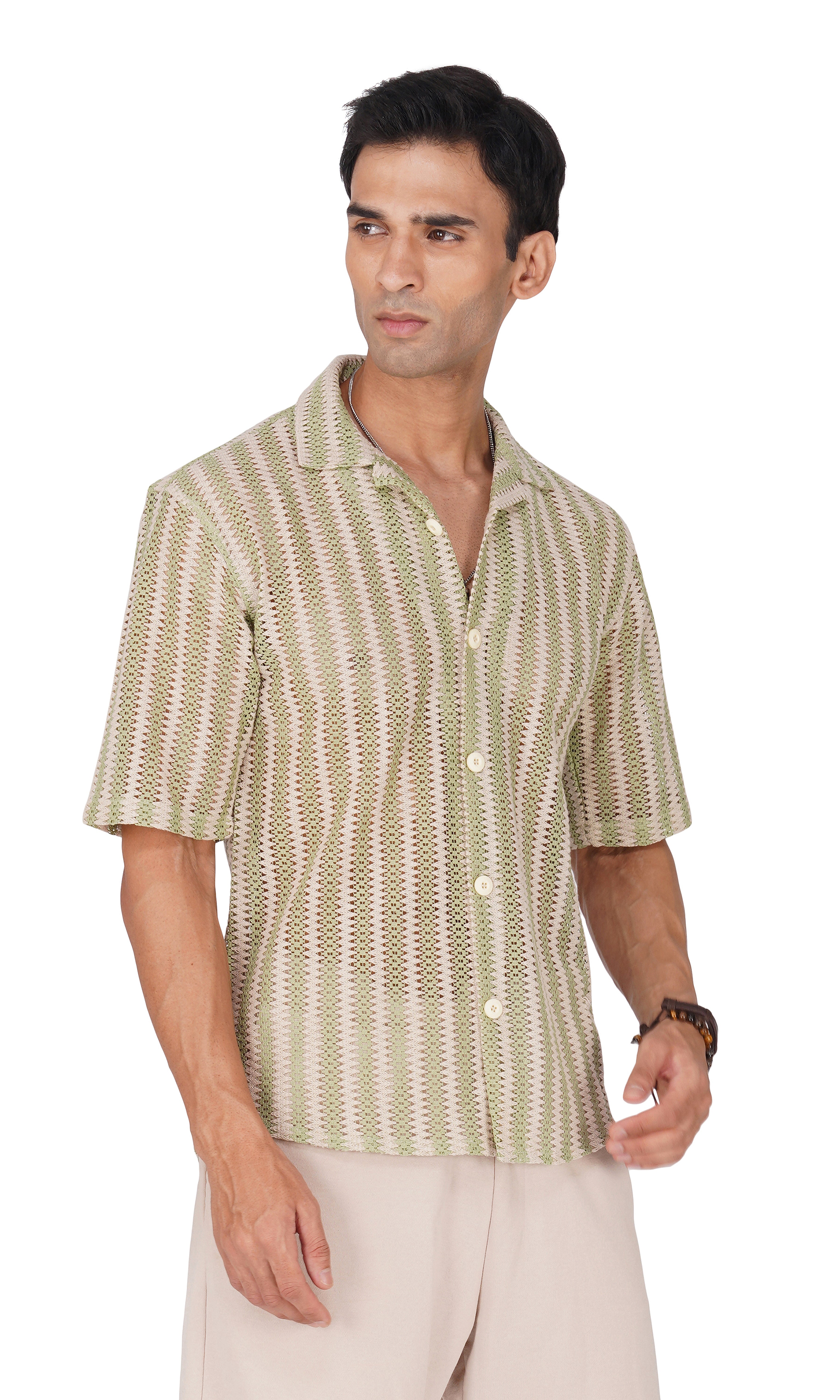 RYON OFF WHITE AND GREEN HALF SLEEVE CAMP COLLAR CROCHET SHIRT