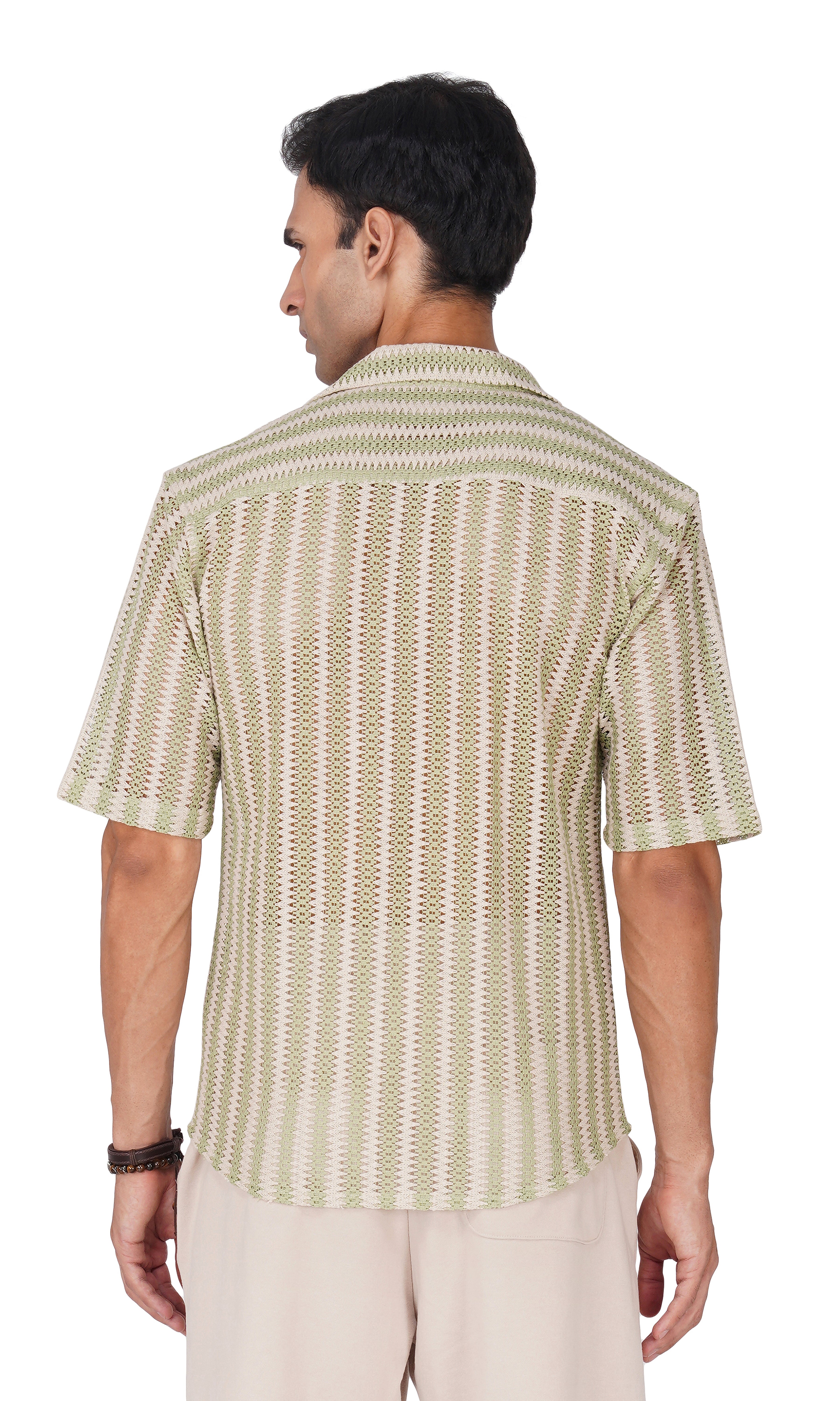 RYON OFF WHITE AND GREEN HALF SLEEVE CAMP COLLAR CROCHET SHIRT