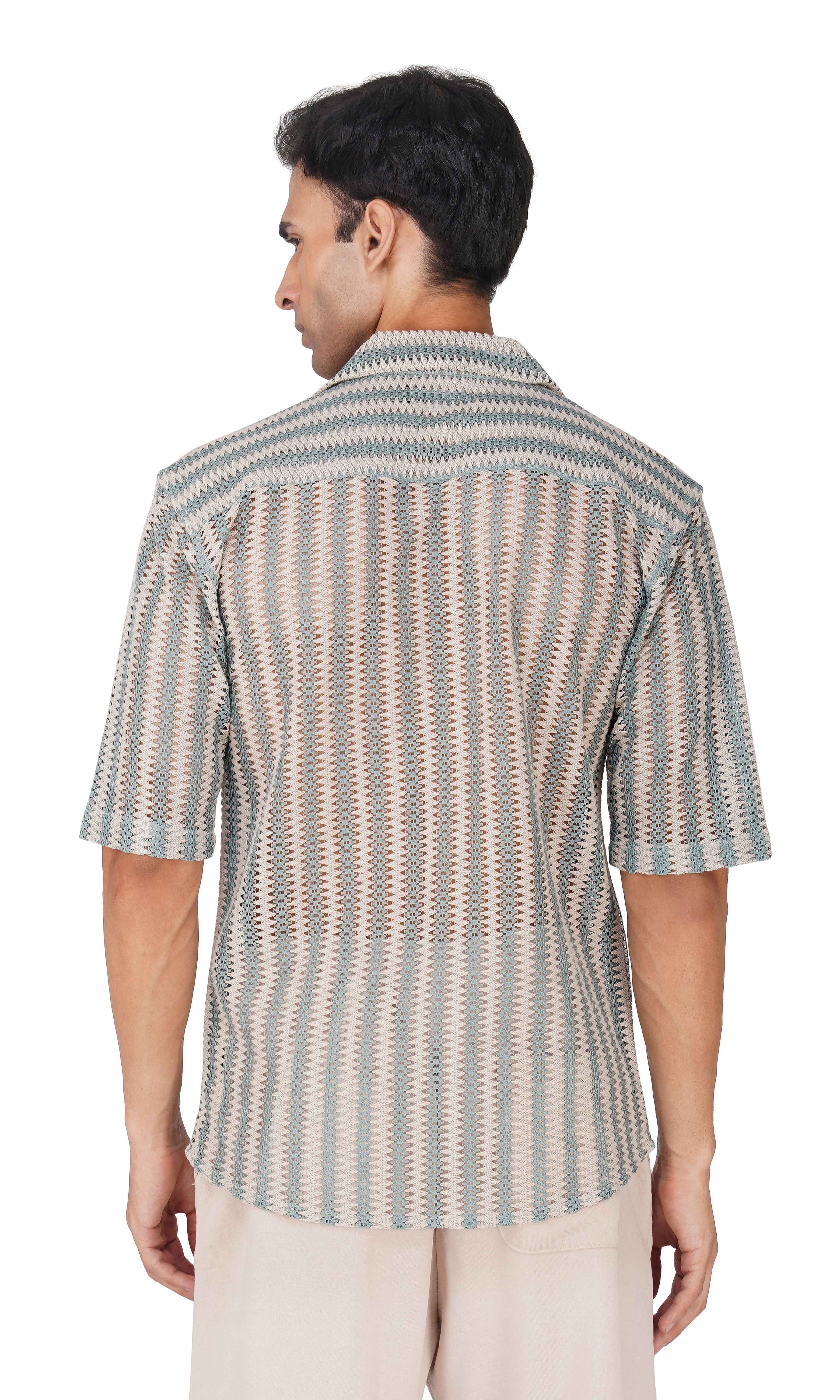 RYON OFF WHITE AND PACIFIC BLUE HALF SLEEVE CAMP COLLAR CROCHET SHIRT