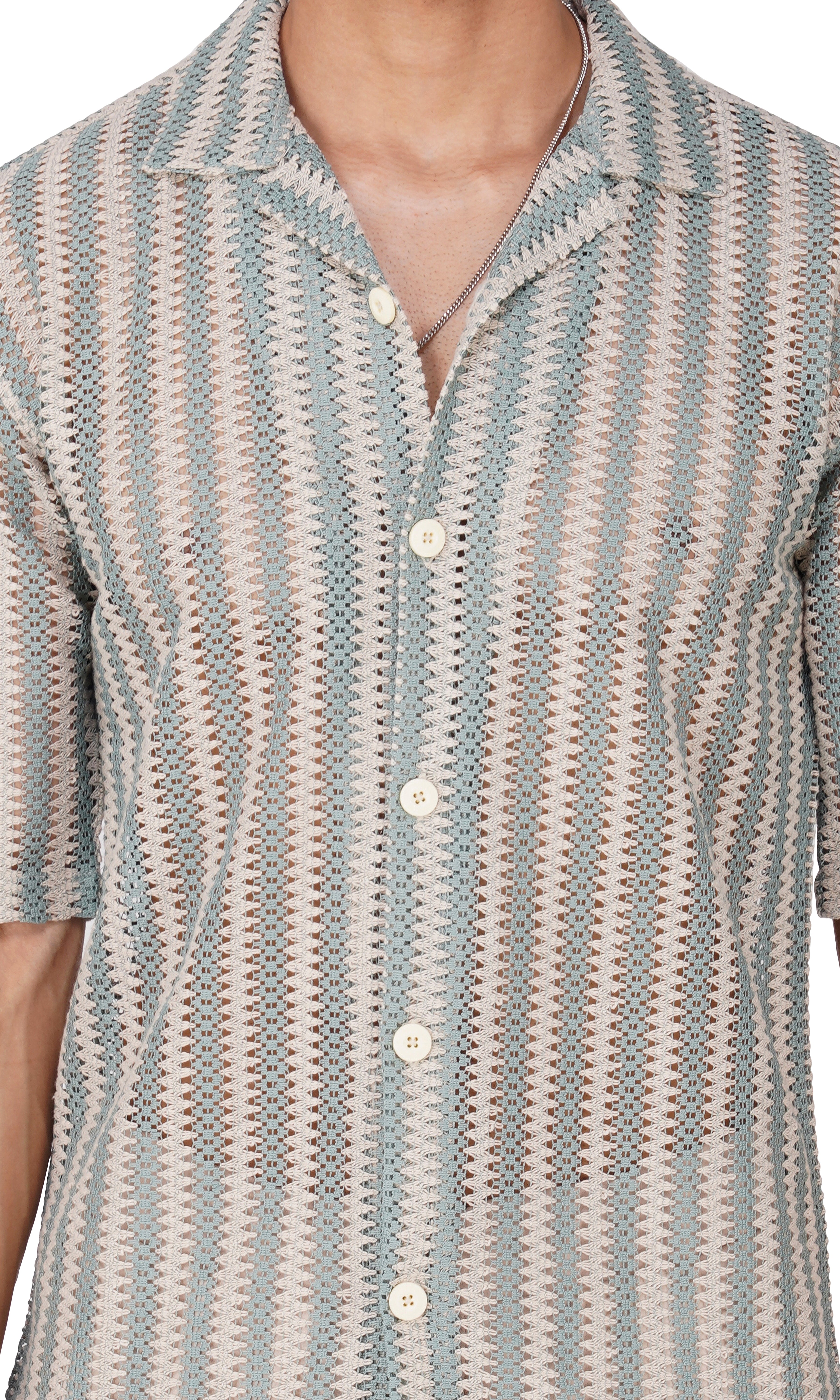 RYON OFF WHITE AND PACIFIC BLUE HALF SLEEVE CAMP COLLAR CROCHET SHIRT