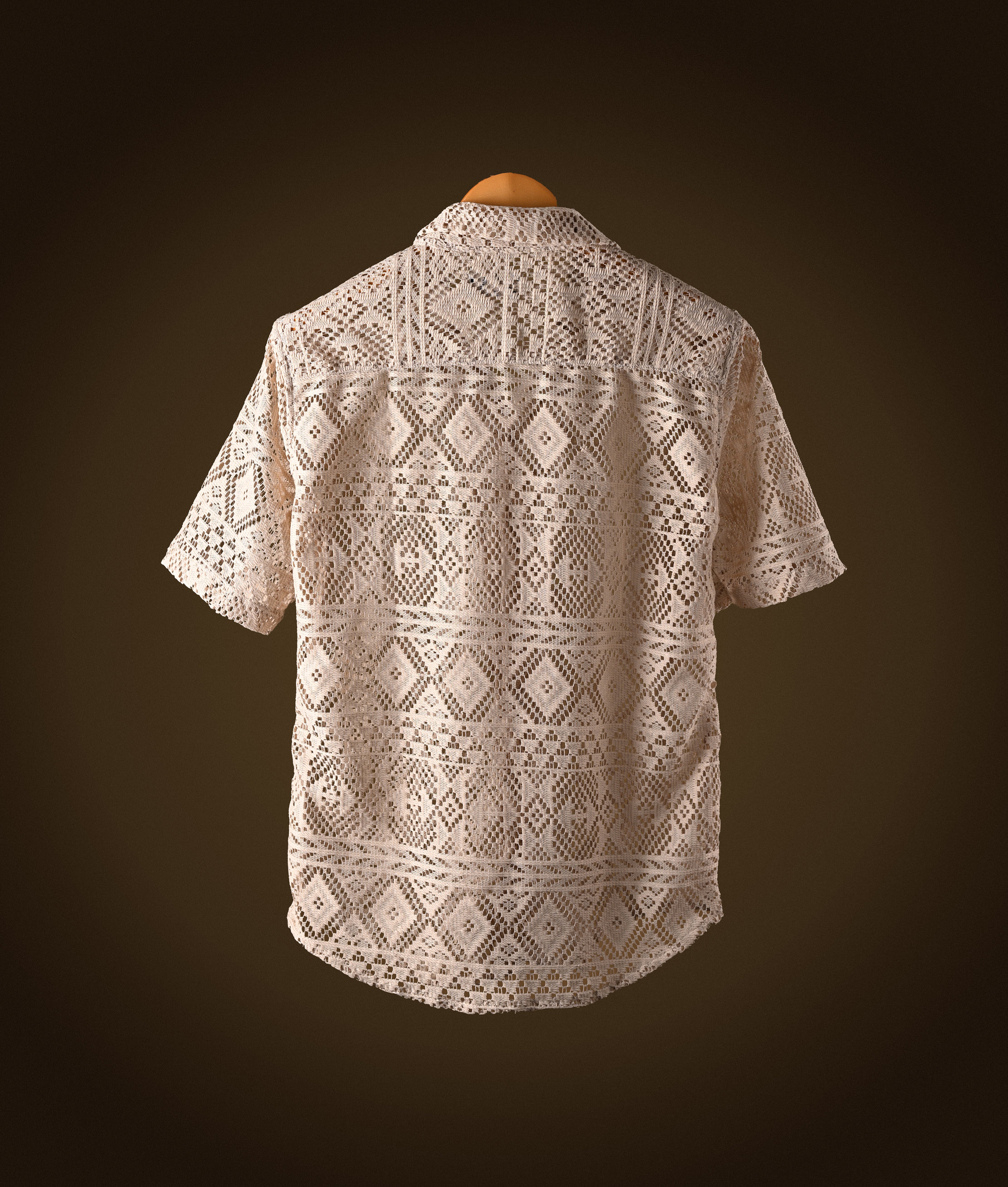 RYON OFF WHITE GOLD HALF SLEEVE CAMP COLLAR CROCHET SHIRT