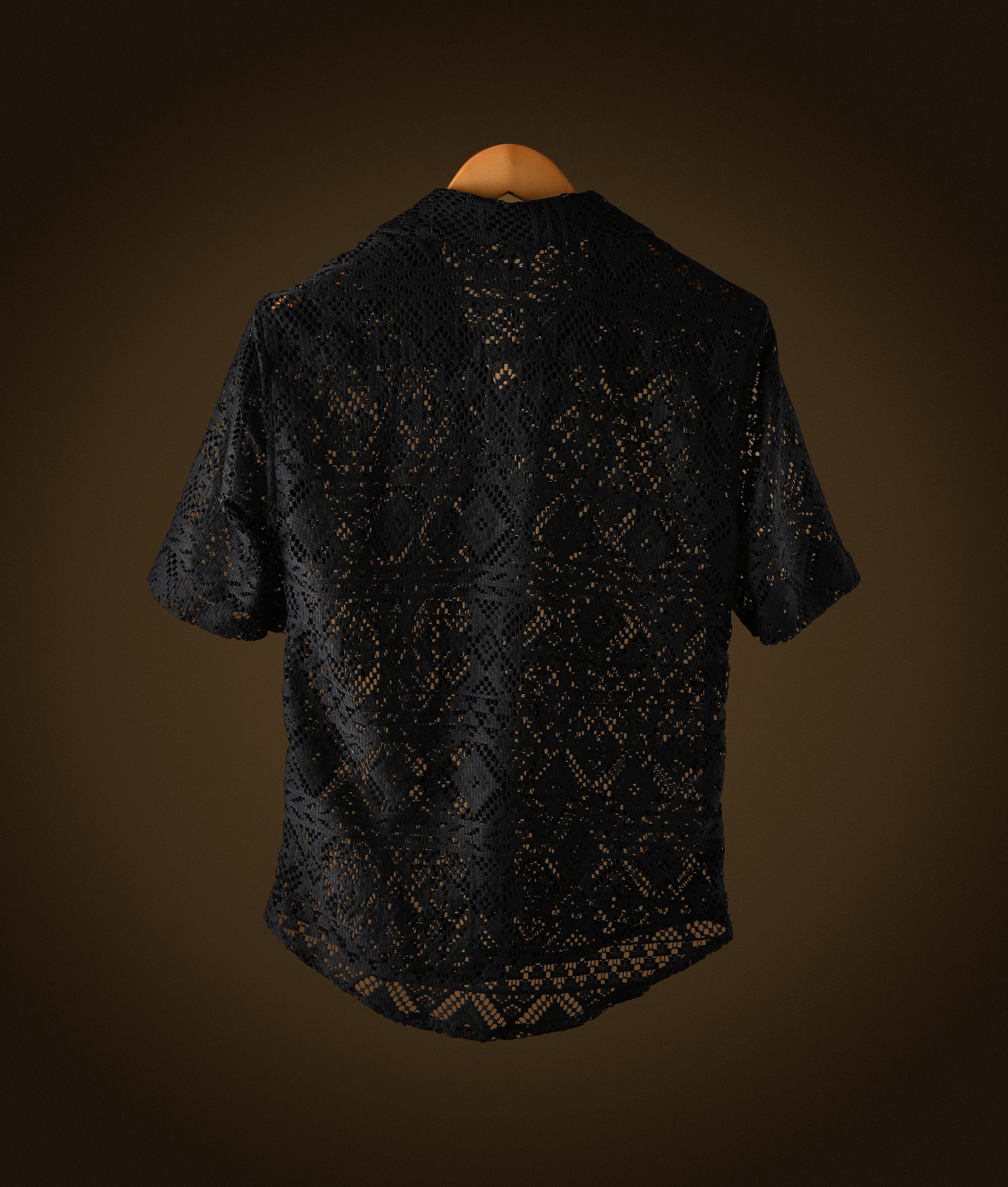 RYON BLACK HALF SLEEVE CAMP COLLAR CROCHET SHIRT