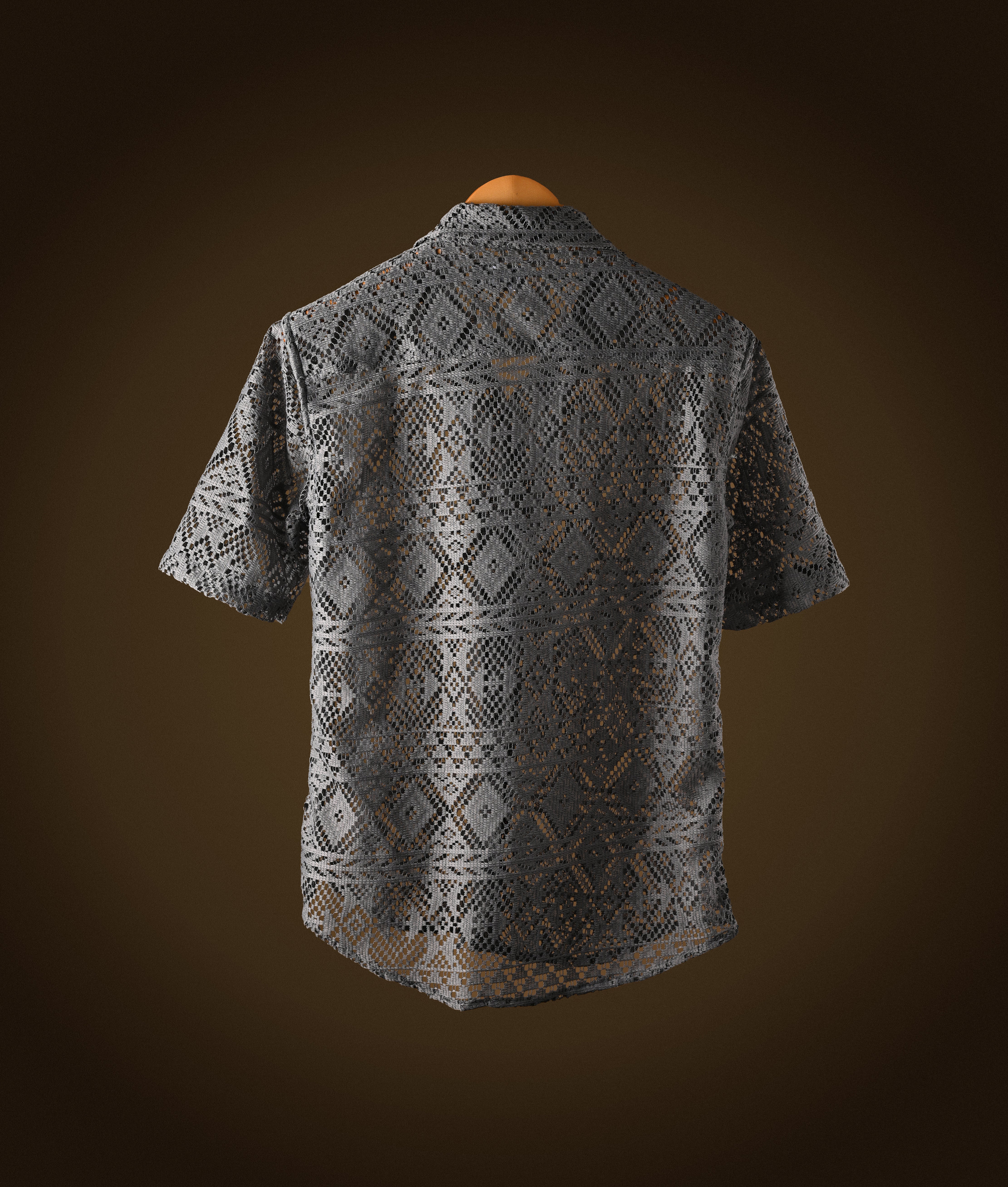 RYON GREY HALF SLEEVE CAMP COLLAR CROCHET SHIRT