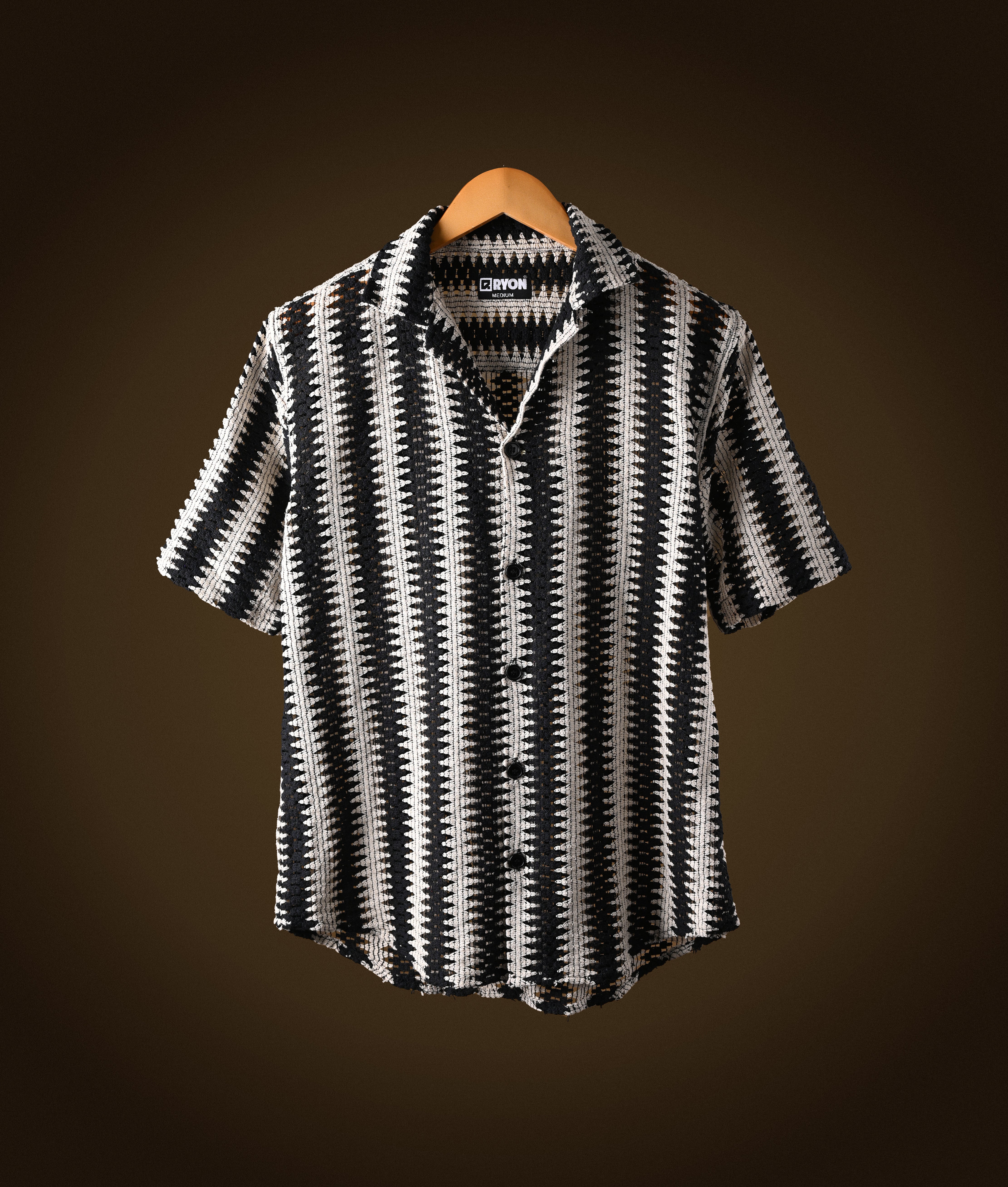 RYON BLACK AND WHITE HALF SLEEVE CAMP COLLAR CROCHET SHIRT