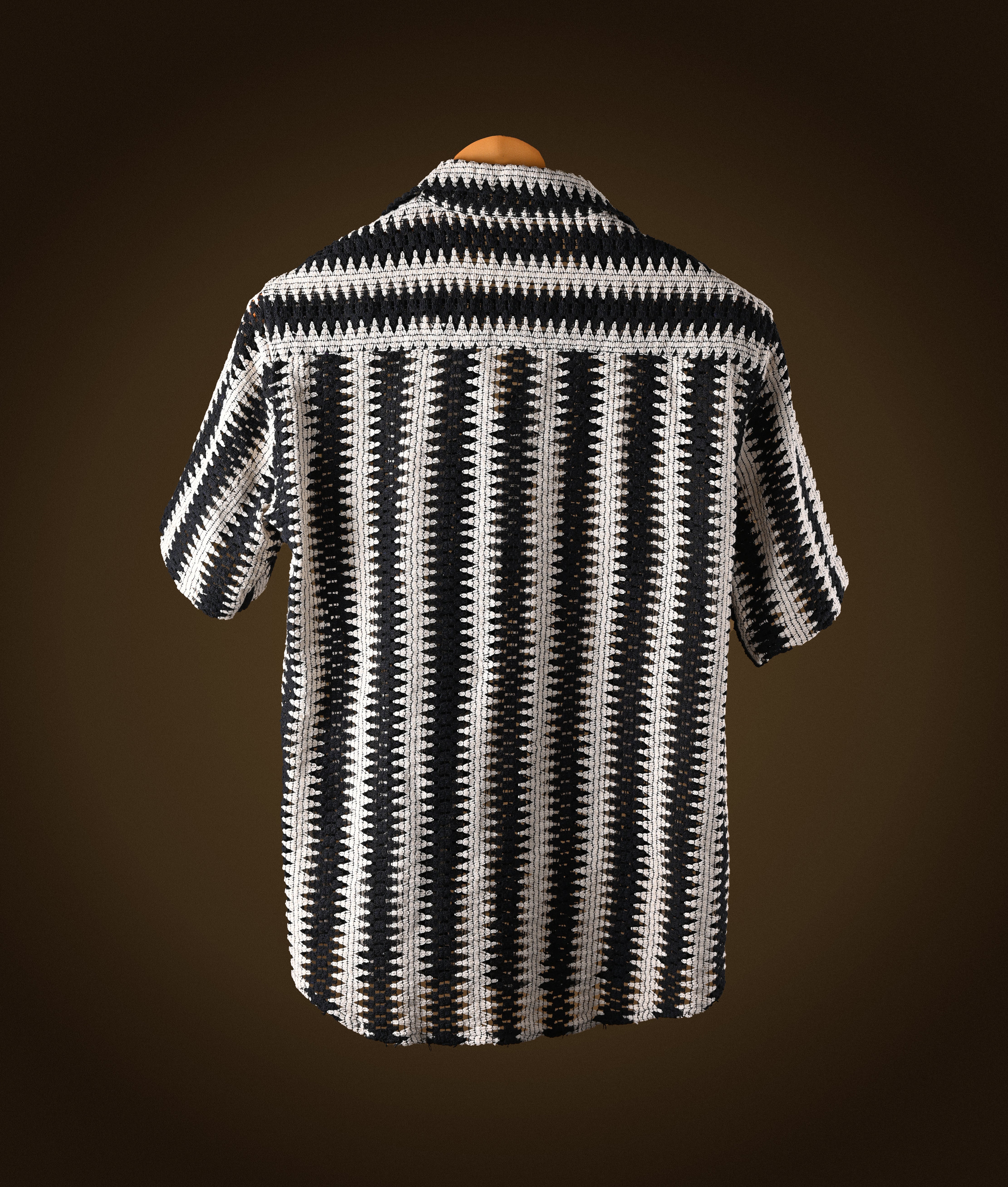 RYON BLACK AND WHITE HALF SLEEVE CAMP COLLAR CROCHET SHIRT