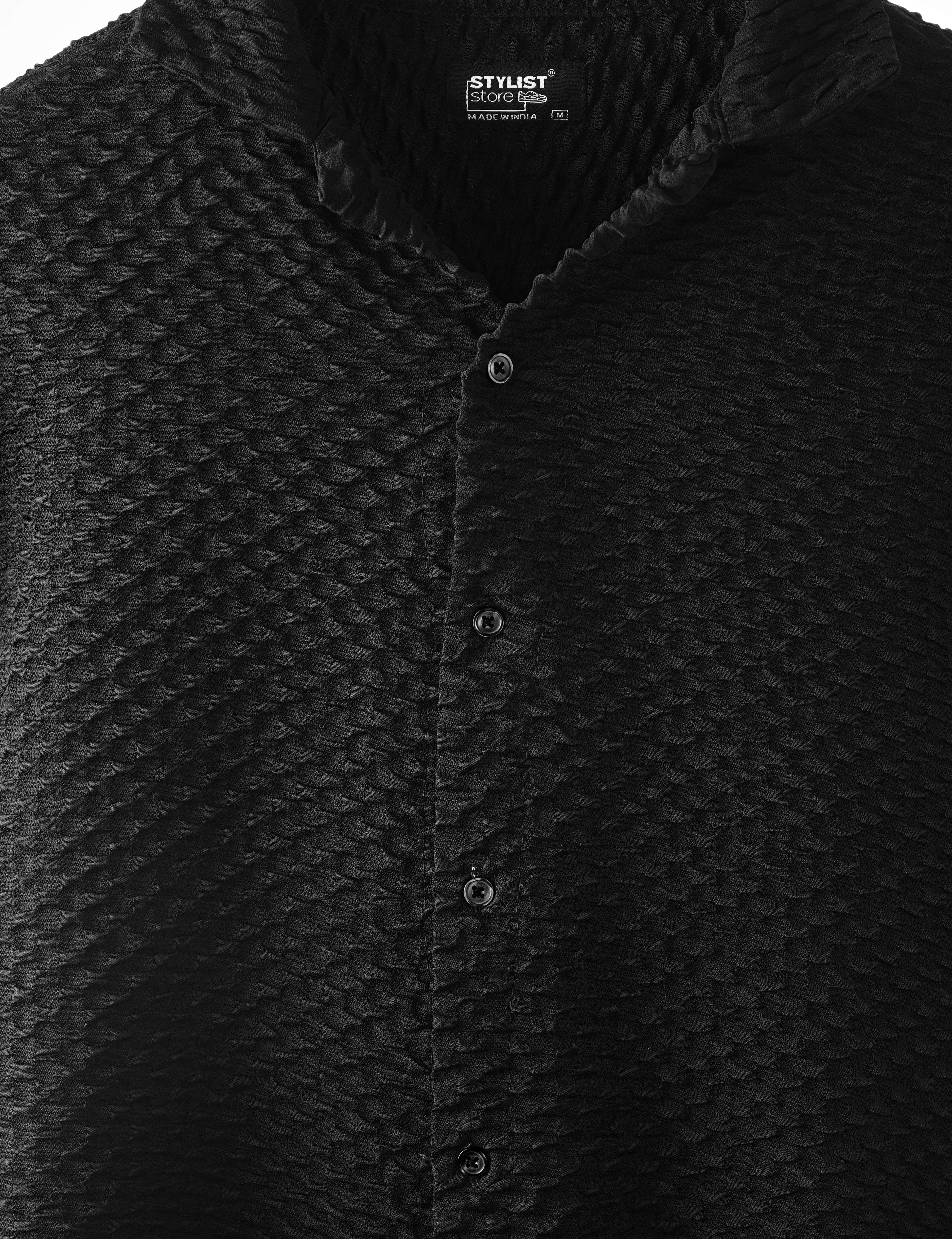 RYON POPCORN BLACK HALF SLEEVE CAMP COLLAR SHIRT