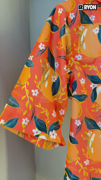 BUY RYON ORANGE FRUIT PATTERN DESING SHIRT WITH CAMP COLLAR AND DROP SHOULDER SLEEVES CO ORD SET | RYON 